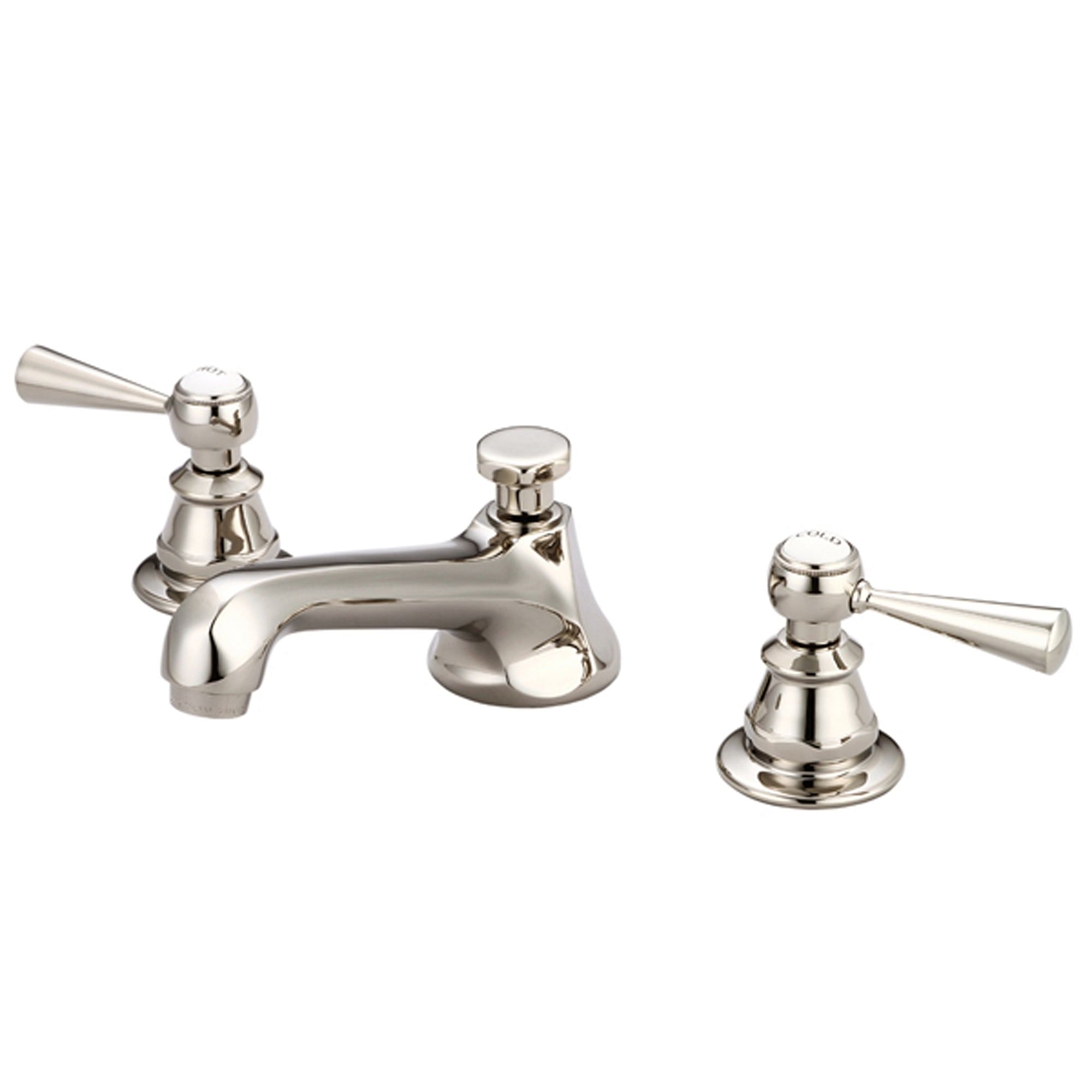 American 20th Century Classic Widespread Lavatory Faucets With Pop-Up Drain in Polished Nickel (PVD) Finish With Torch Lever Handles, Hot And Cold Labels Included