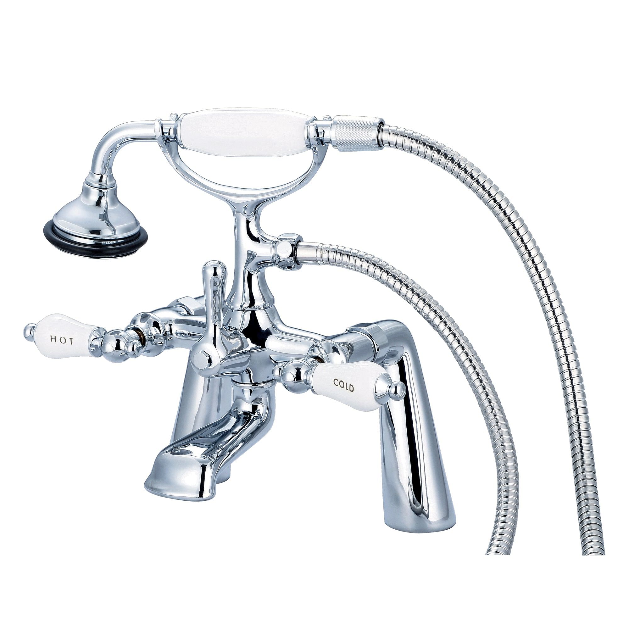 Vintage Classic 7 Inch Spread Deck Mount Tub Faucet With Handheld Shower in Chrome Finish With Porcelain Lever Handles, Hot And Cold Labels Included