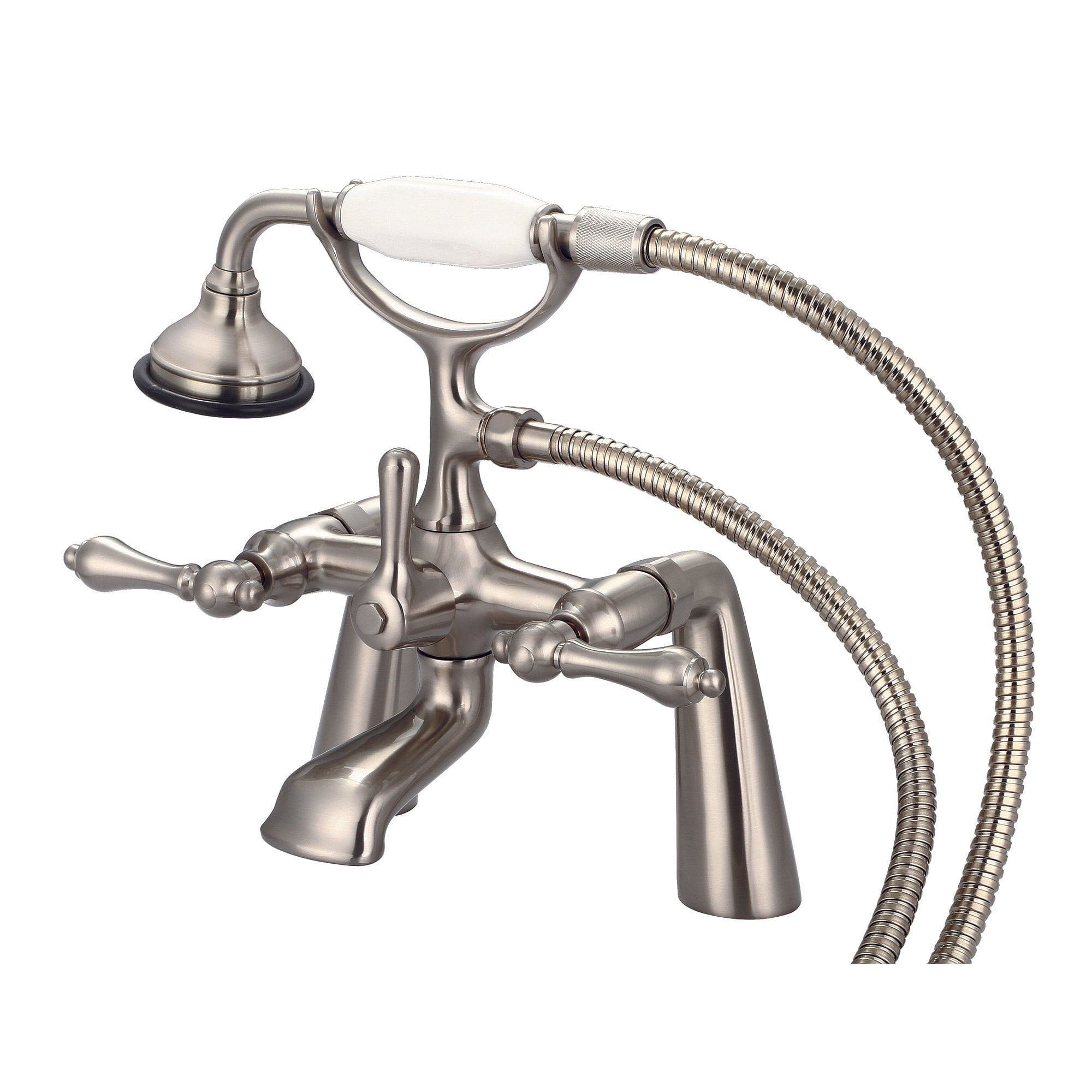 Vintage Classic 7 Inch Spread Deck Mount Tub Faucet With Handheld Shower in Brushed Nickel Finish With Metal Lever Handles Without Labels