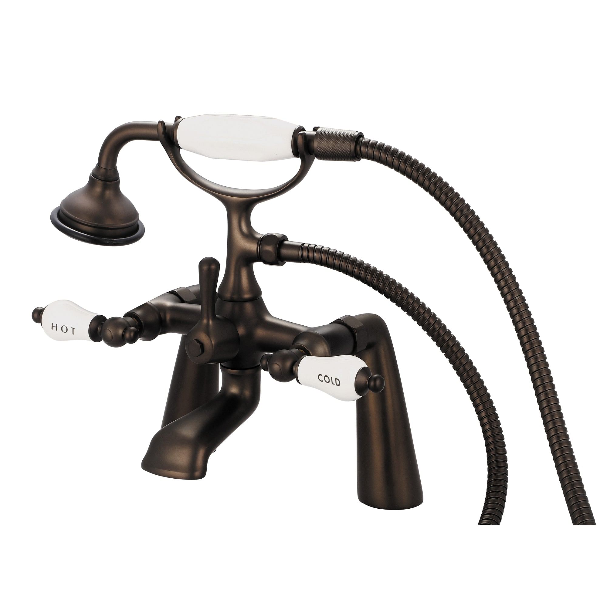 Vintage Classic 7 Inch Spread Deck Mount Tub Faucet With Handheld Shower in Oil-rubbed Bronze Finish Finish With Porcelain Lever Handles, Hot And Cold Labels Included