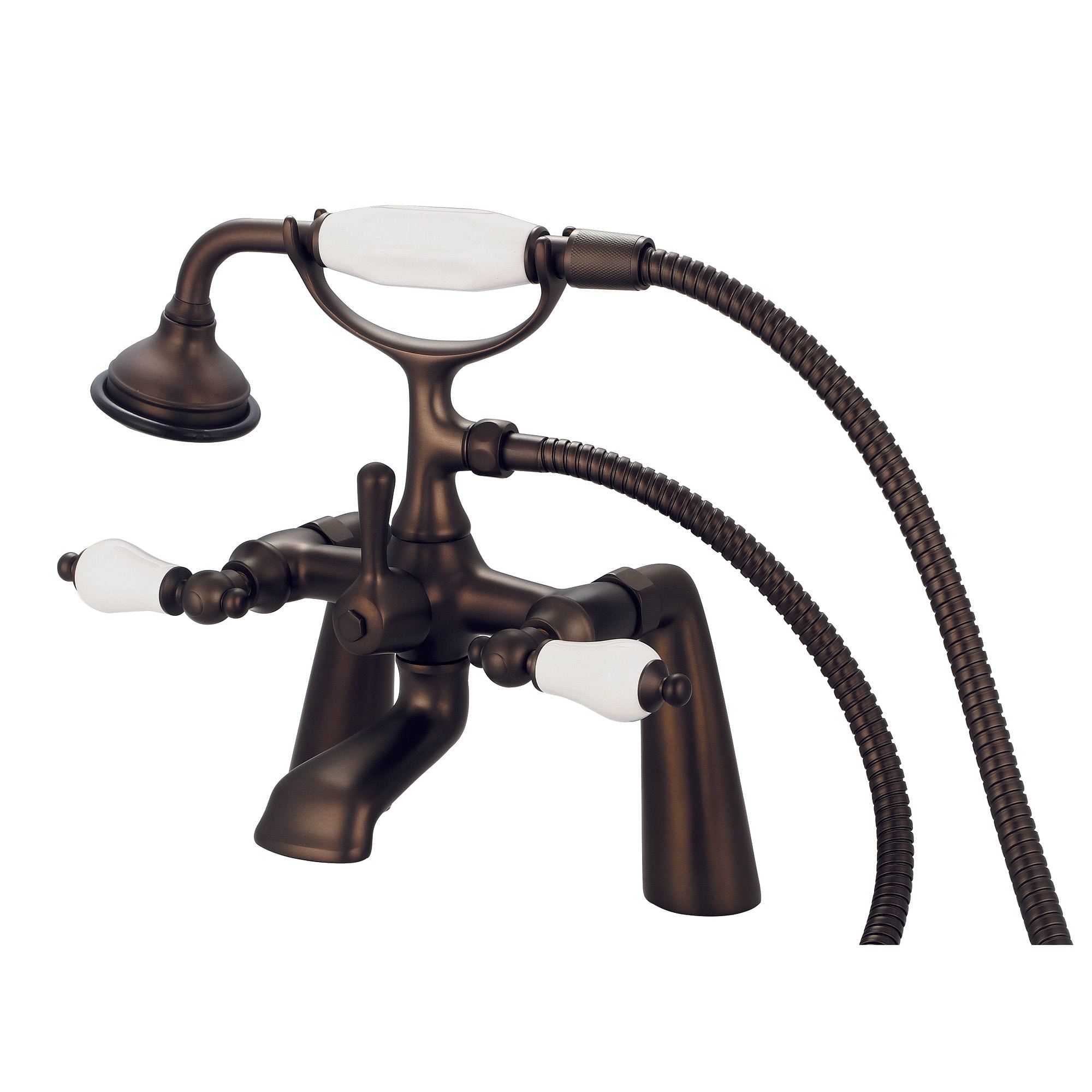 Vintage Classic 7 Inch Spread Deck Mount Tub Faucet With Handheld Shower in Oil-rubbed Bronze Finish Finish With Porcelain Lever Handles Without labels