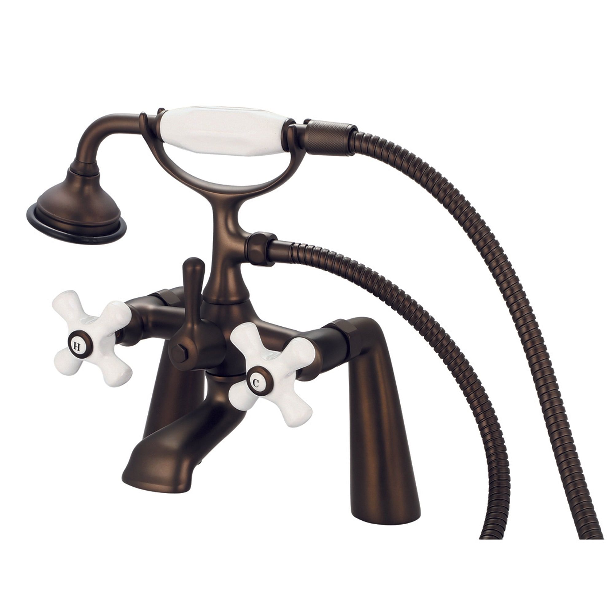 Vintage Classic 7 Inch Spread Deck Mount Tub Faucet With Handheld Shower in Oil-rubbed Bronze Finish Finish With Porcelain Cross Handles, Hot And Cold Labels Included