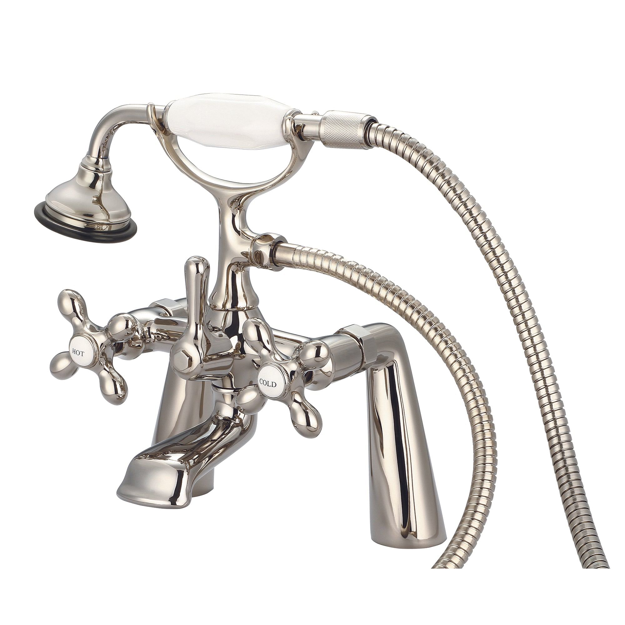Vintage Classic 7 Inch Spread Deck Mount Tub Faucet With Handheld Shower in Polished Nickel (PVD) Finish With Metal Lever Handles, Hot And Cold Labels Included