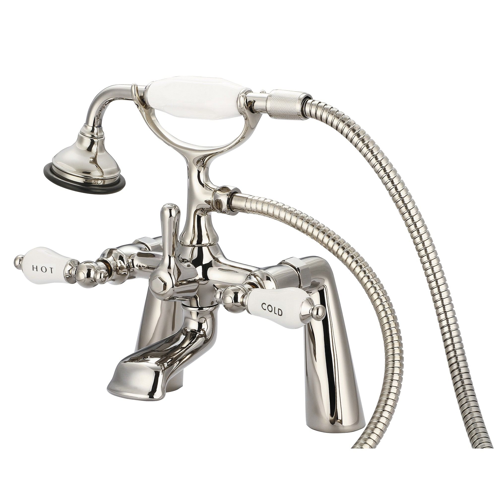 Vintage Classic 7 Inch Spread Deck Mount Tub Faucet With Handheld Shower in Polished Nickel (PVD) Finish With Porcelain Lever Handles, Hot And Cold Labels Included