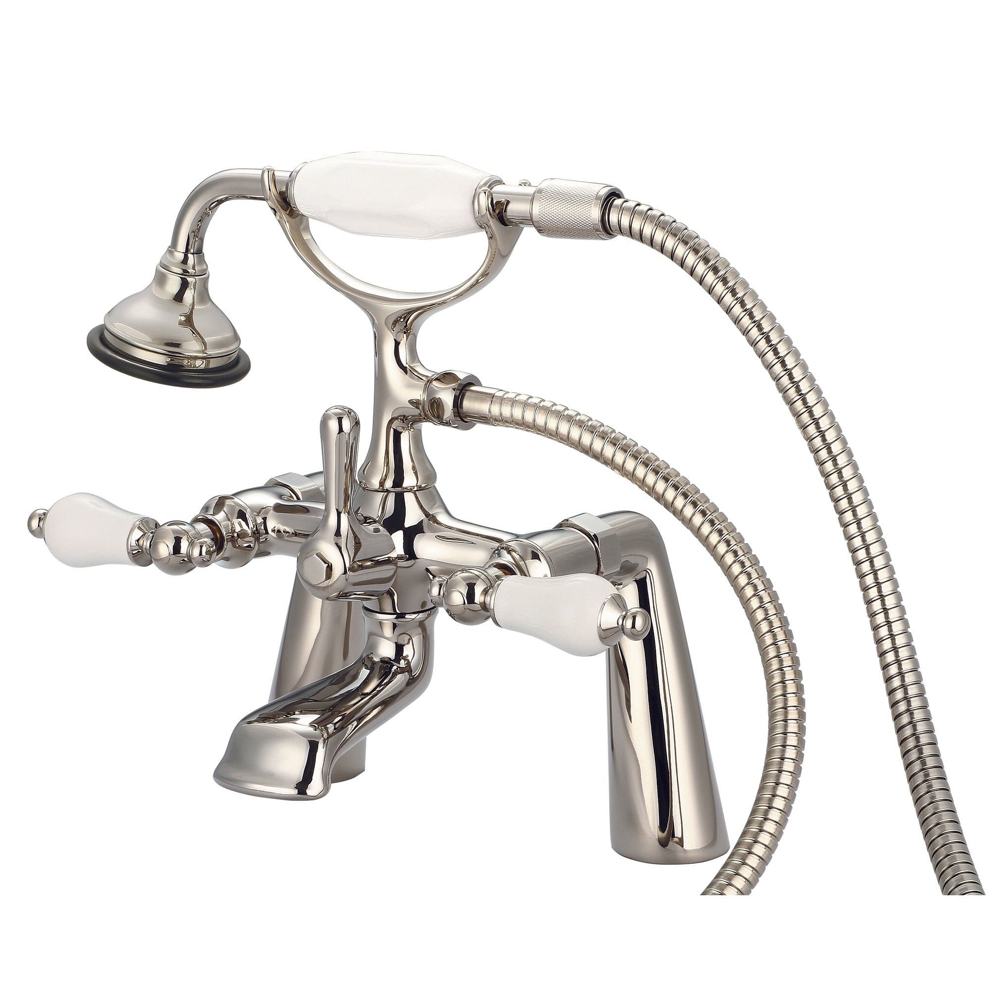 Vintage Classic 7 Inch Spread Deck Mount Tub Faucet With Handheld Shower in Polished Nickel (PVD) Finish With Porcelain Lever Handles Without labels