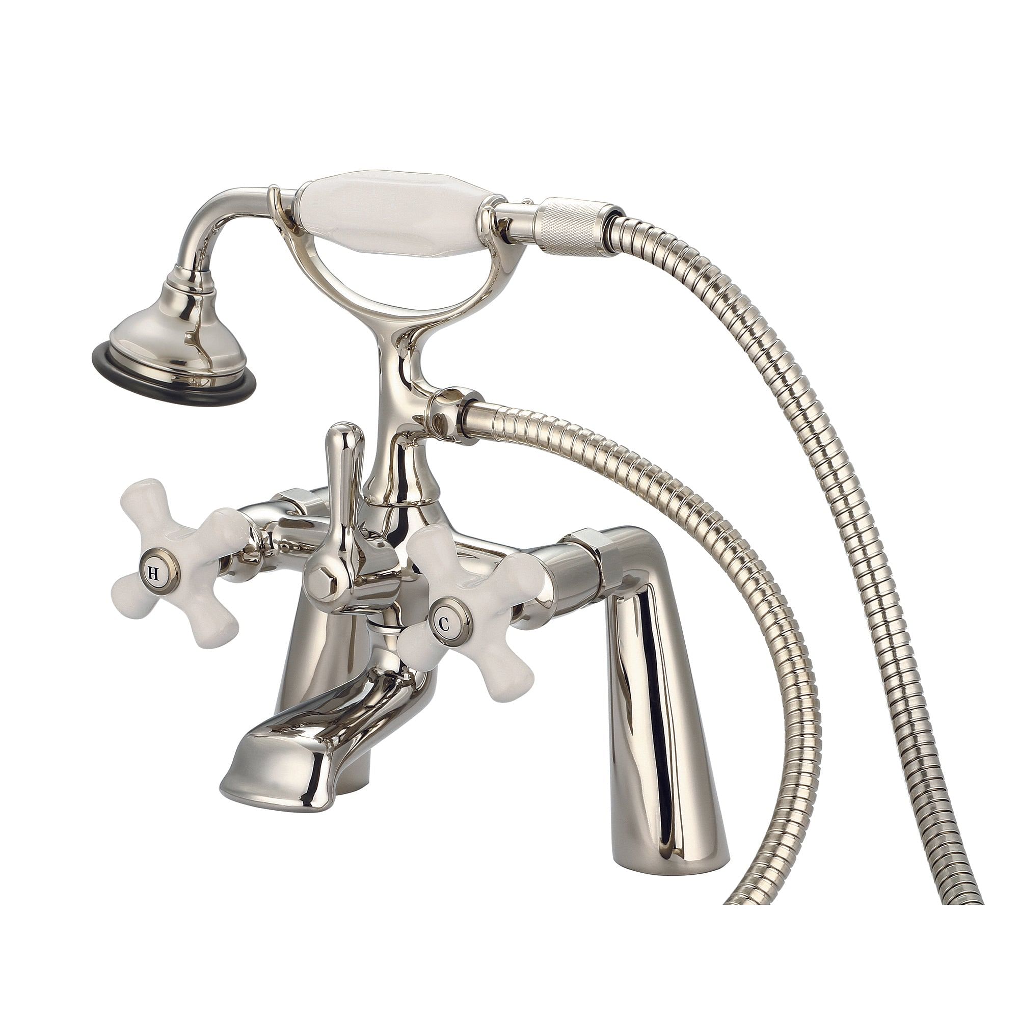 Vintage Classic 7 Inch Spread Deck Mount Tub Faucet With Handheld Shower in Polished Nickel (PVD) Finish With Porcelain Cross Handles, Hot And Cold Labels Included