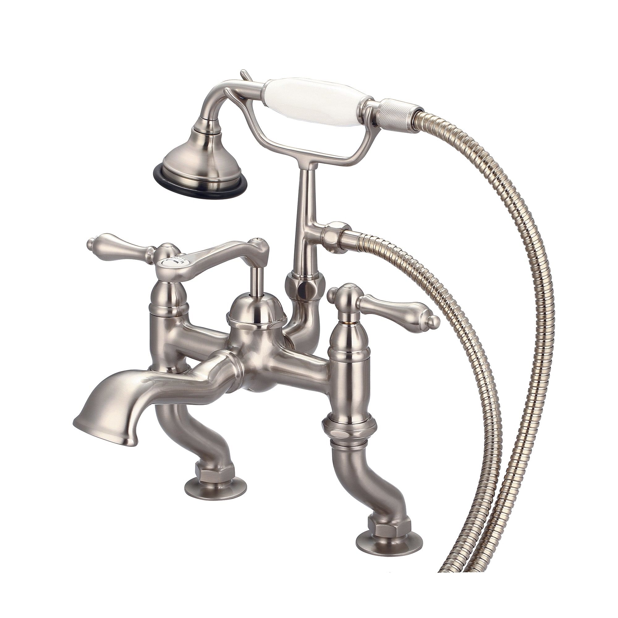 Vintage Classic Adjustable Center Deck Mount Tub Faucet With Handheld Shower in Brushed Nickel Finish With Metal Lever Handles Without Labels