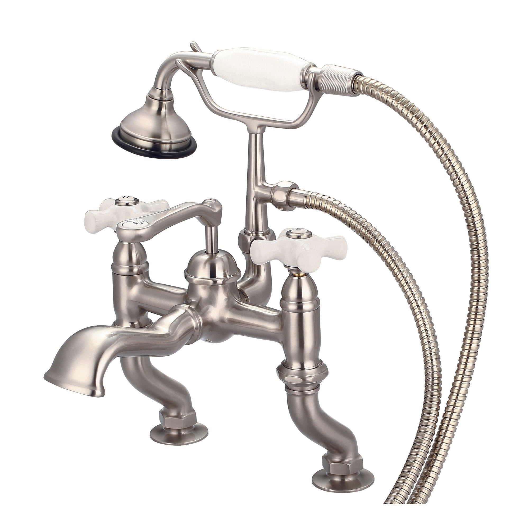 Vintage Classic Adjustable Center Deck Mount Tub Faucet With Handheld Shower in Brushed Nickel Finish With Porcelain Cross Handles, Hot And Cold Labels Included
