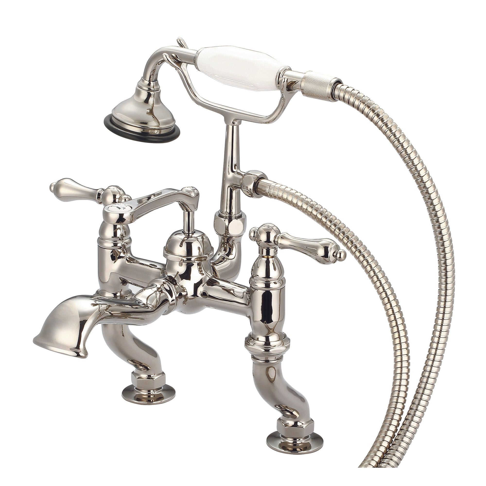 Vintage Classic Adjustable Center Deck Mount Tub Faucet With Handheld Shower in Polished Nickel (PVD) Finish With Metal Lever Handles Without Labels