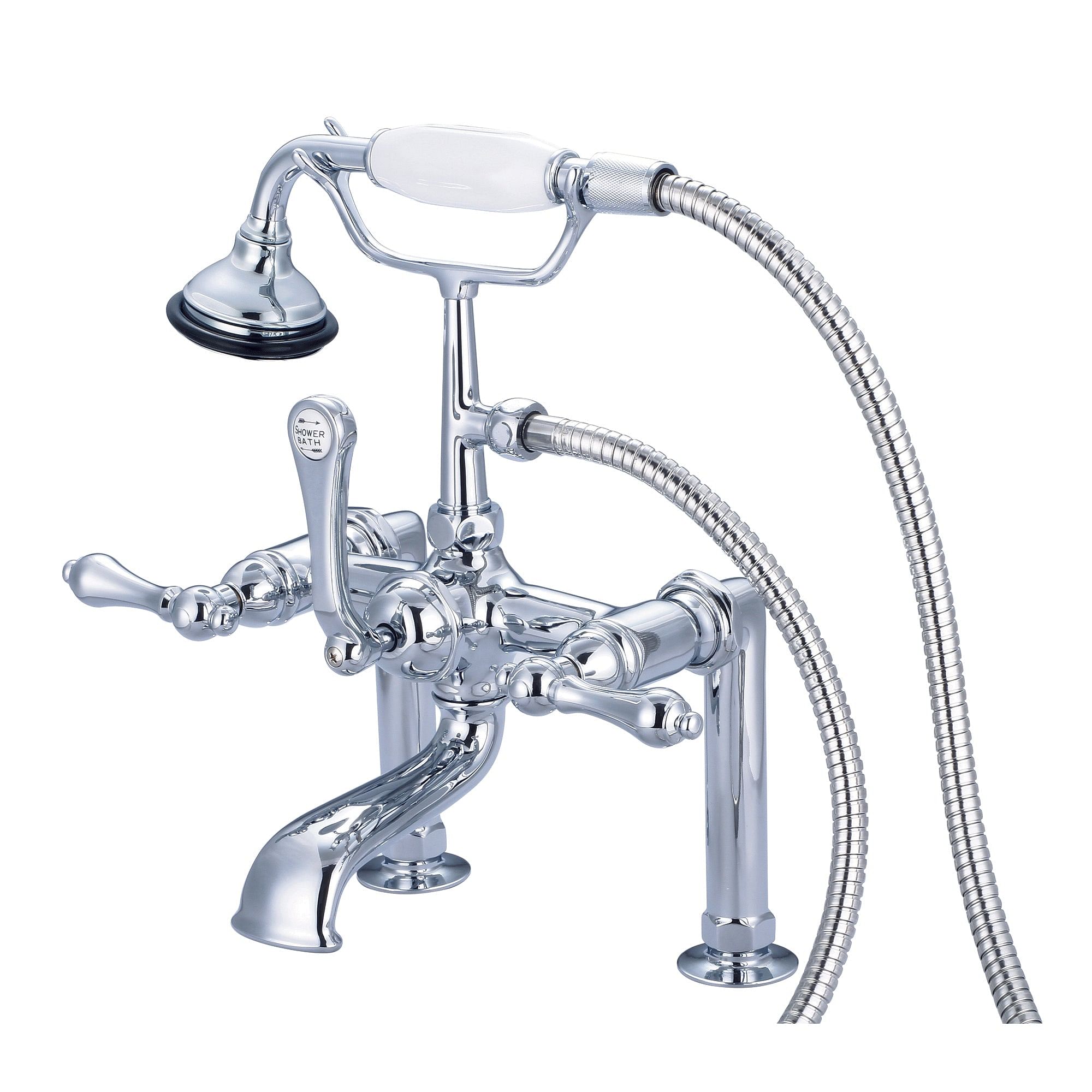 Vintage Classic 7 Inch Spread Deck Mount Tub Faucet With 6 Inch Risers & Handheld Shower in Chrome Finish With Metal Lever Handles Without Labels