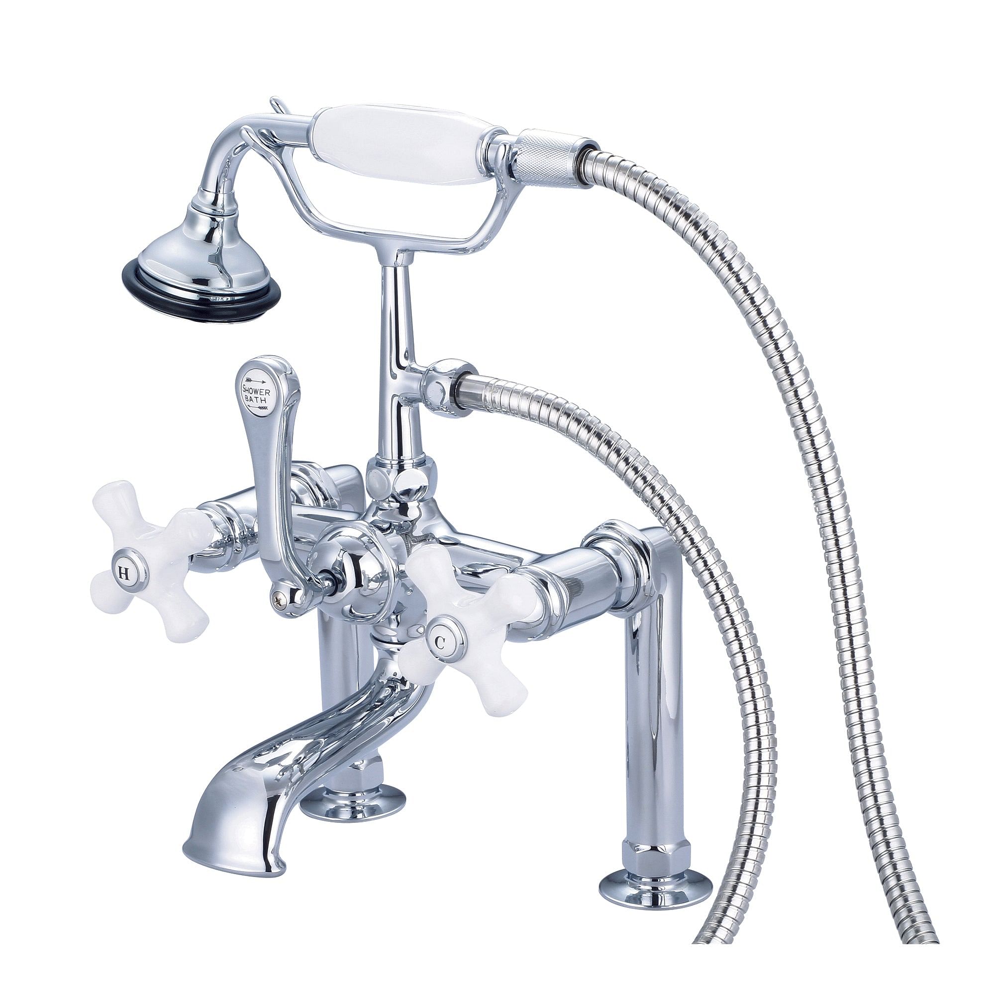 Vintage Classic 7 Inch Spread Deck Mount Tub Faucet With 6 Inch Risers & Handheld Shower in Chrome Finish With Porcelain Cross Handles, Hot And Cold Labels Included