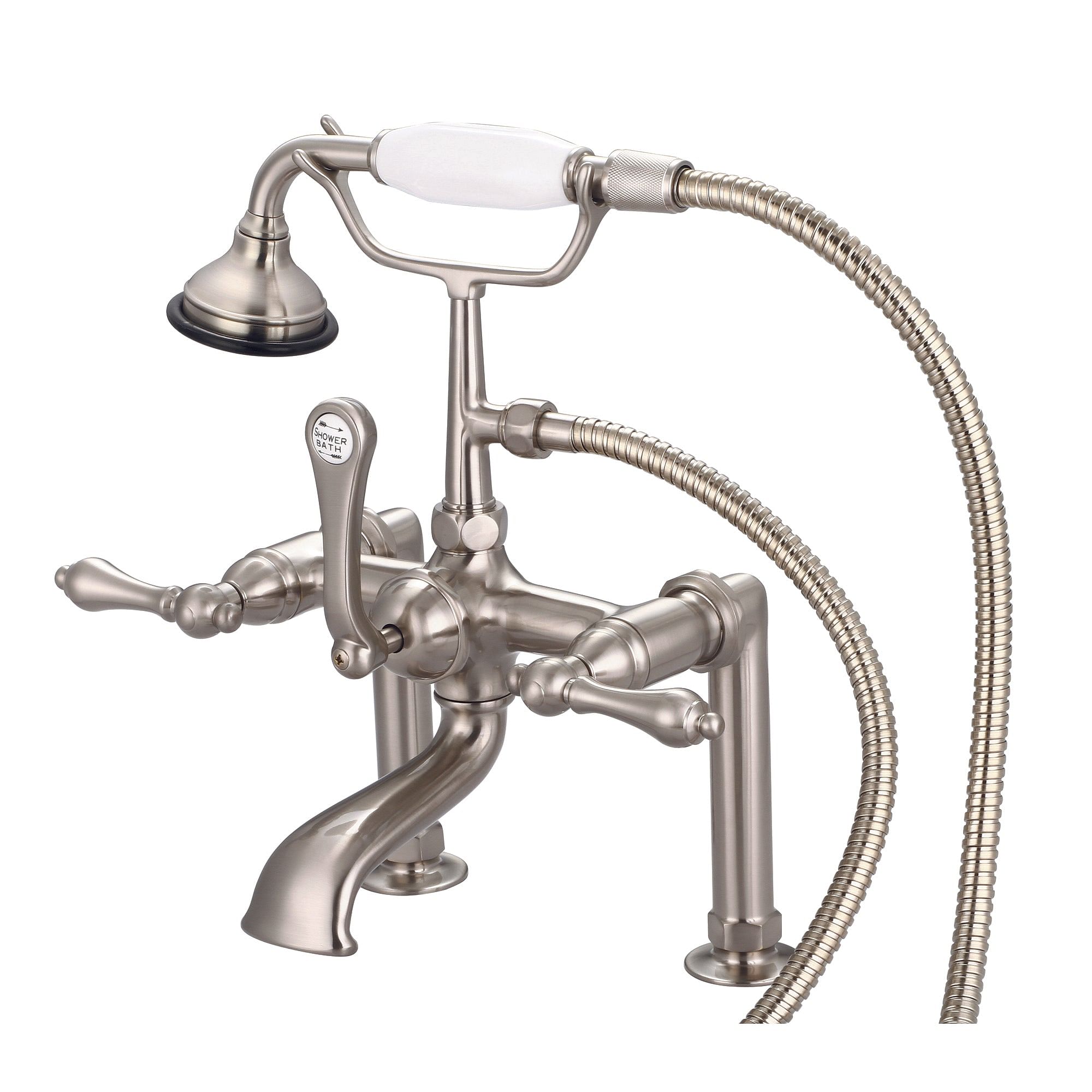 Vintage Classic 7 Inch Spread Deck Mount Tub Faucet With 6 Inch Risers & Handheld Shower in Brushed Nickel Finish With Metal Lever Handles Without Labels