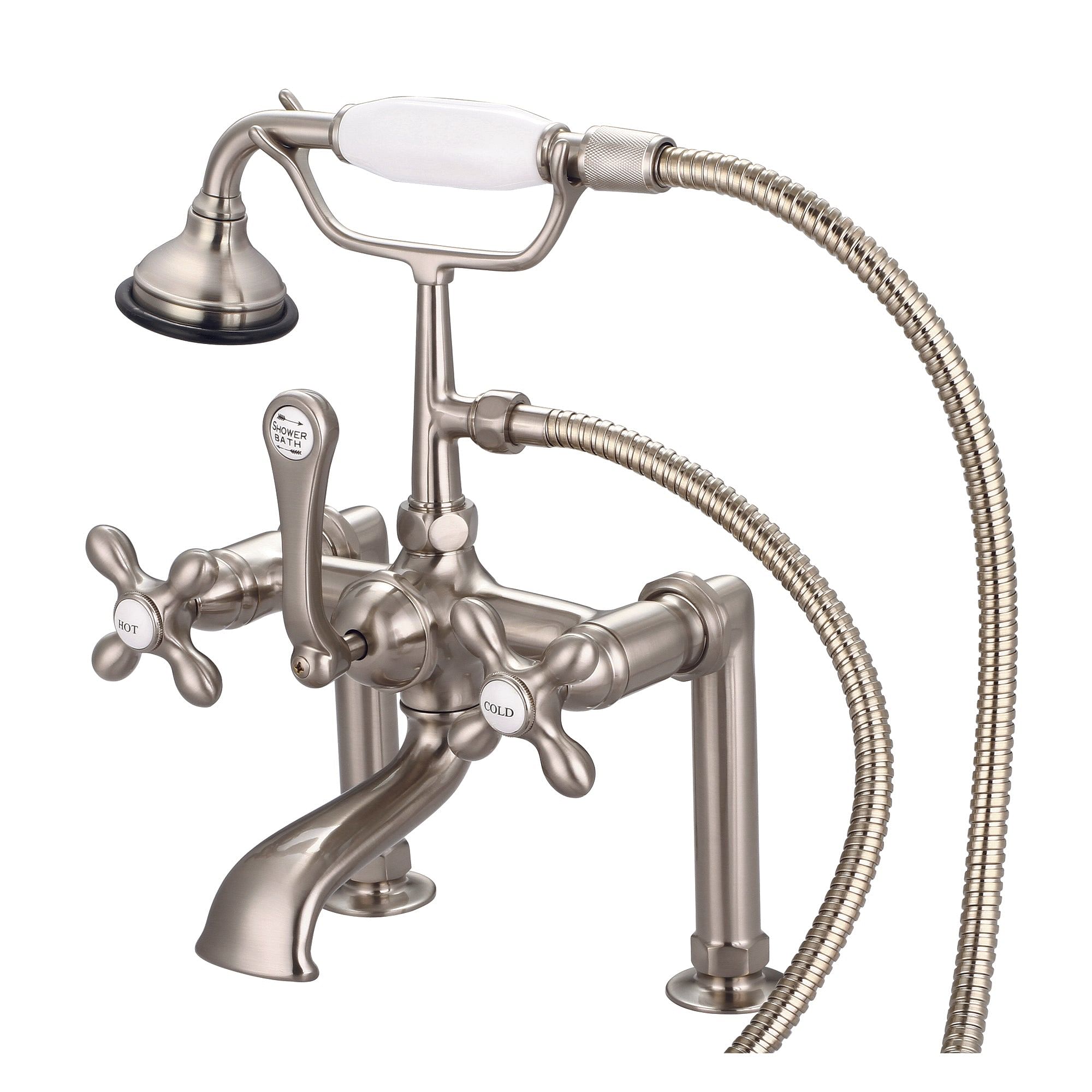 Vintage Classic 7 Inch Spread Deck Mount Tub Faucet With 6 Inch Risers & Handheld Shower in Brushed Nickel Finish With Metal Lever Handles, Hot And Cold Labels Included