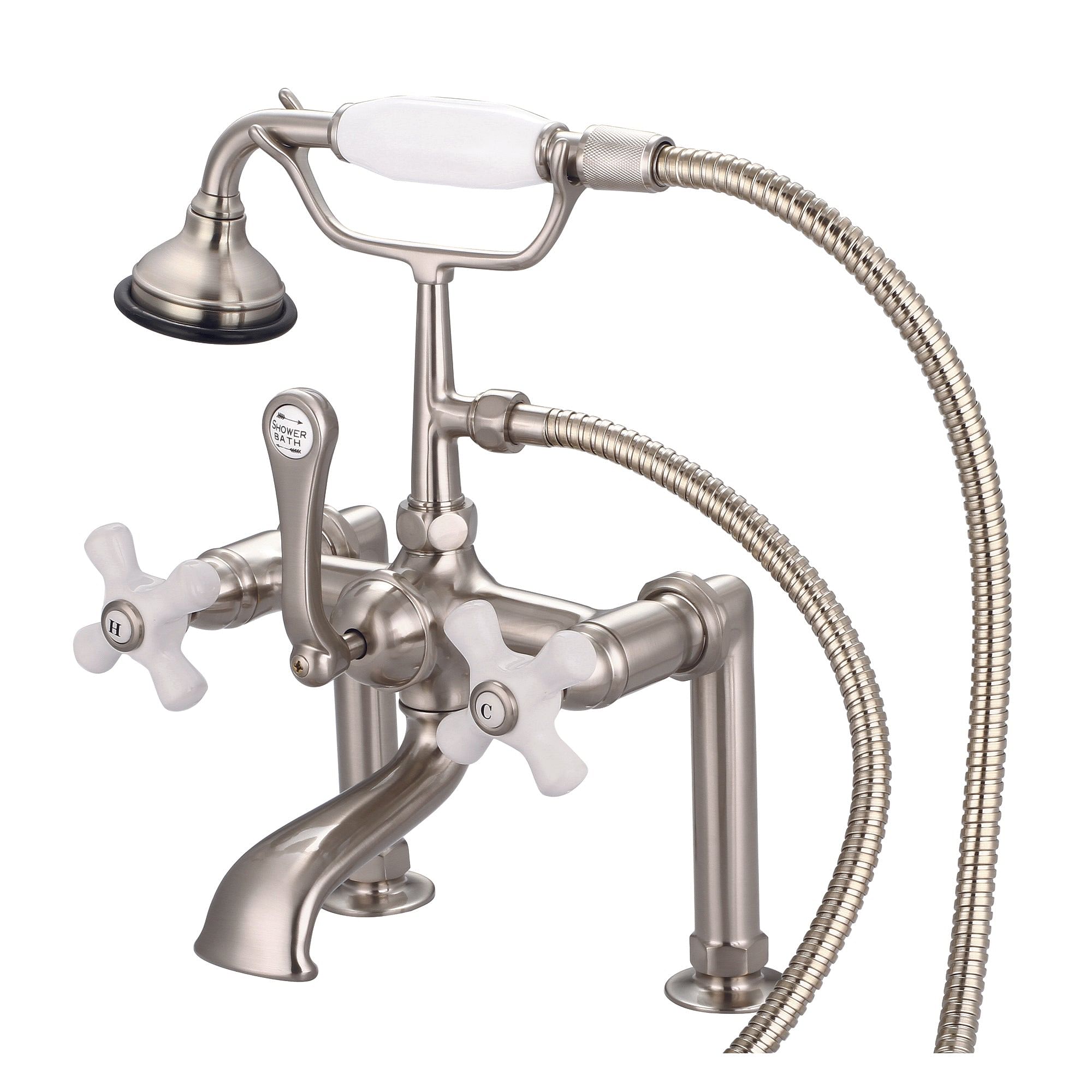 Vintage Classic 7 Inch Spread Deck Mount Tub Faucet With 6 Inch Risers & Handheld Shower in Brushed Nickel Finish With Porcelain Cross Handles, Hot And Cold Labels Included