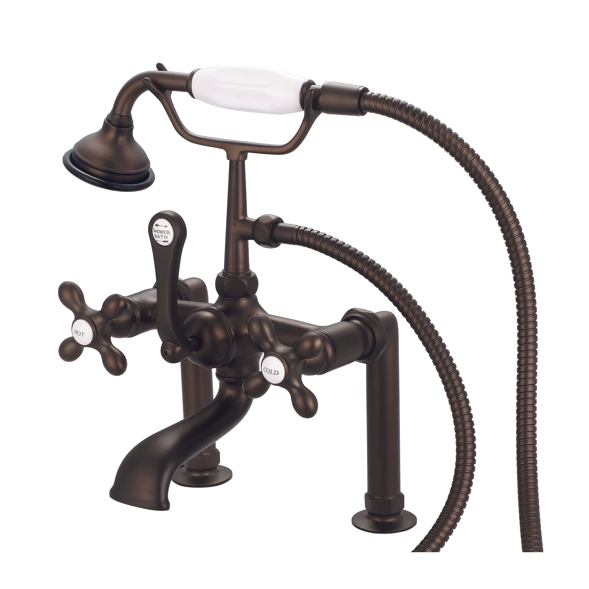 Vintage Classic 7 Inch Spread Deck Mount Tub Faucet With 6 Inch Risers & Handheld Shower in Oil-rubbed Bronze Finish Finish With Metal Lever Handles, Hot And Cold Labels Included