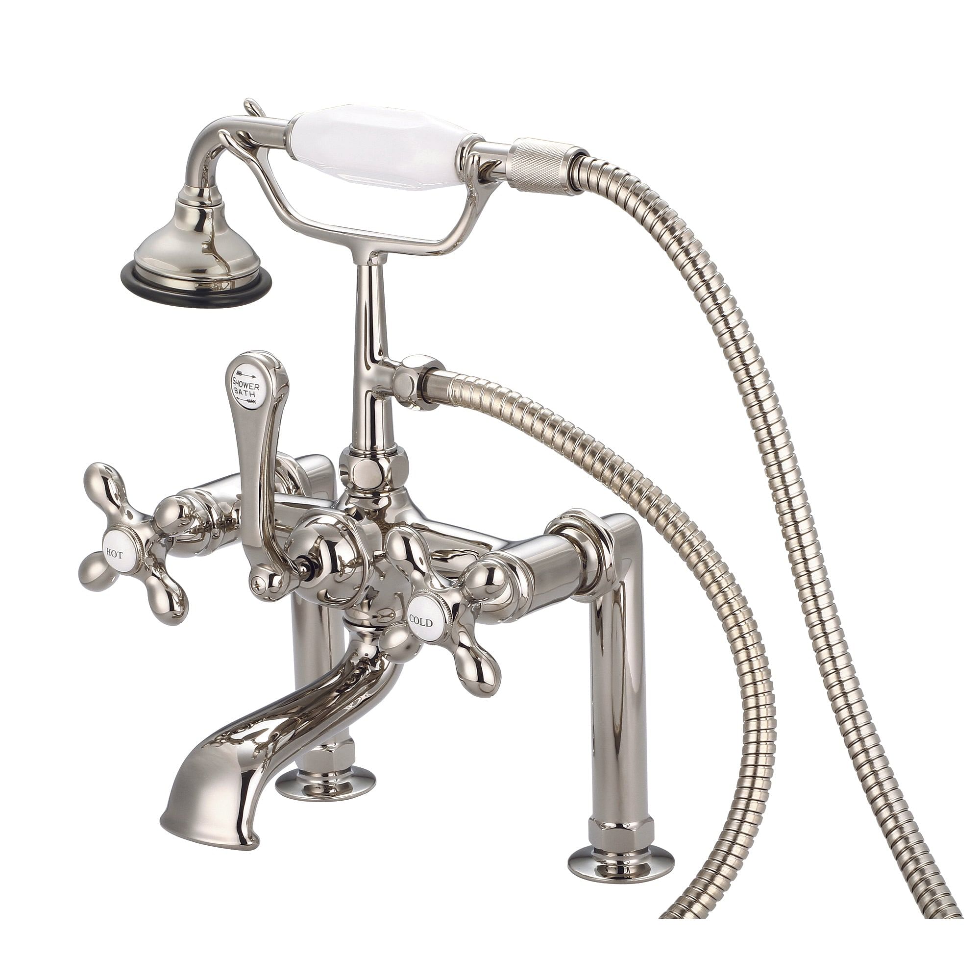 Vintage Classic 7 Inch Spread Deck Mount Tub Faucet With 6 Inch Risers & Handheld Shower in Polished Nickel (PVD) Finish With Metal Lever Handles, Hot And Cold Labels Included