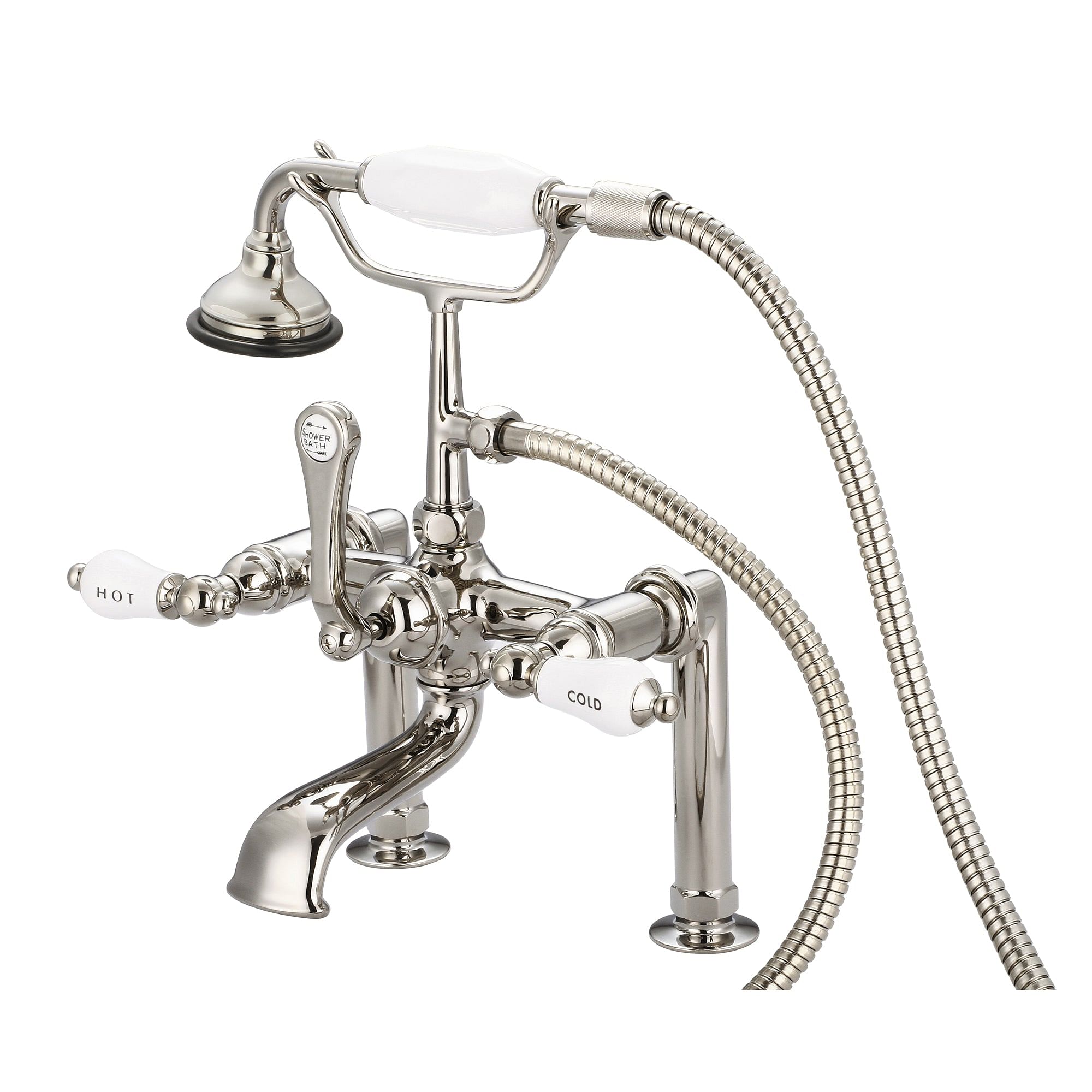 Vintage Classic 7 Inch Spread Deck Mount Tub Faucet With 6 Inch Risers & Handheld Shower in Polished Nickel (PVD) Finish With Porcelain Lever Handles, Hot And Cold Labels Included