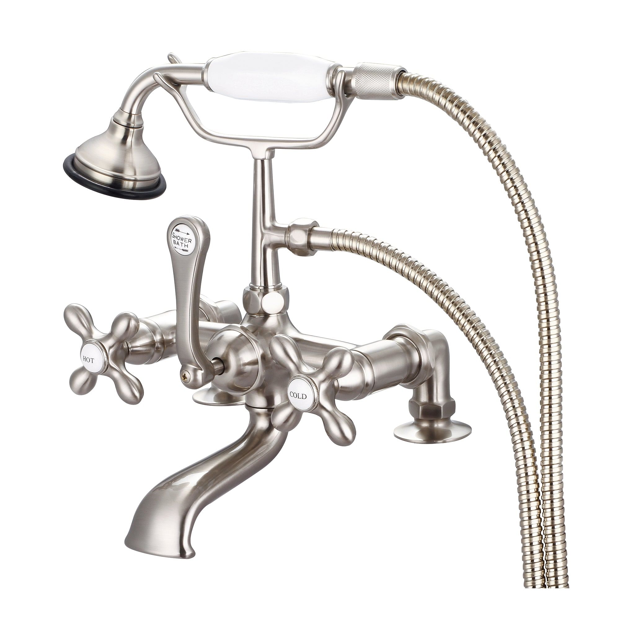 Vintage Classic 7 Inch Spread Deck Mount Tub Faucet With 2 Inch Risers & Handheld Shower in Brushed Nickel Finish With Metal Lever Handles, Hot And Cold Labels Included