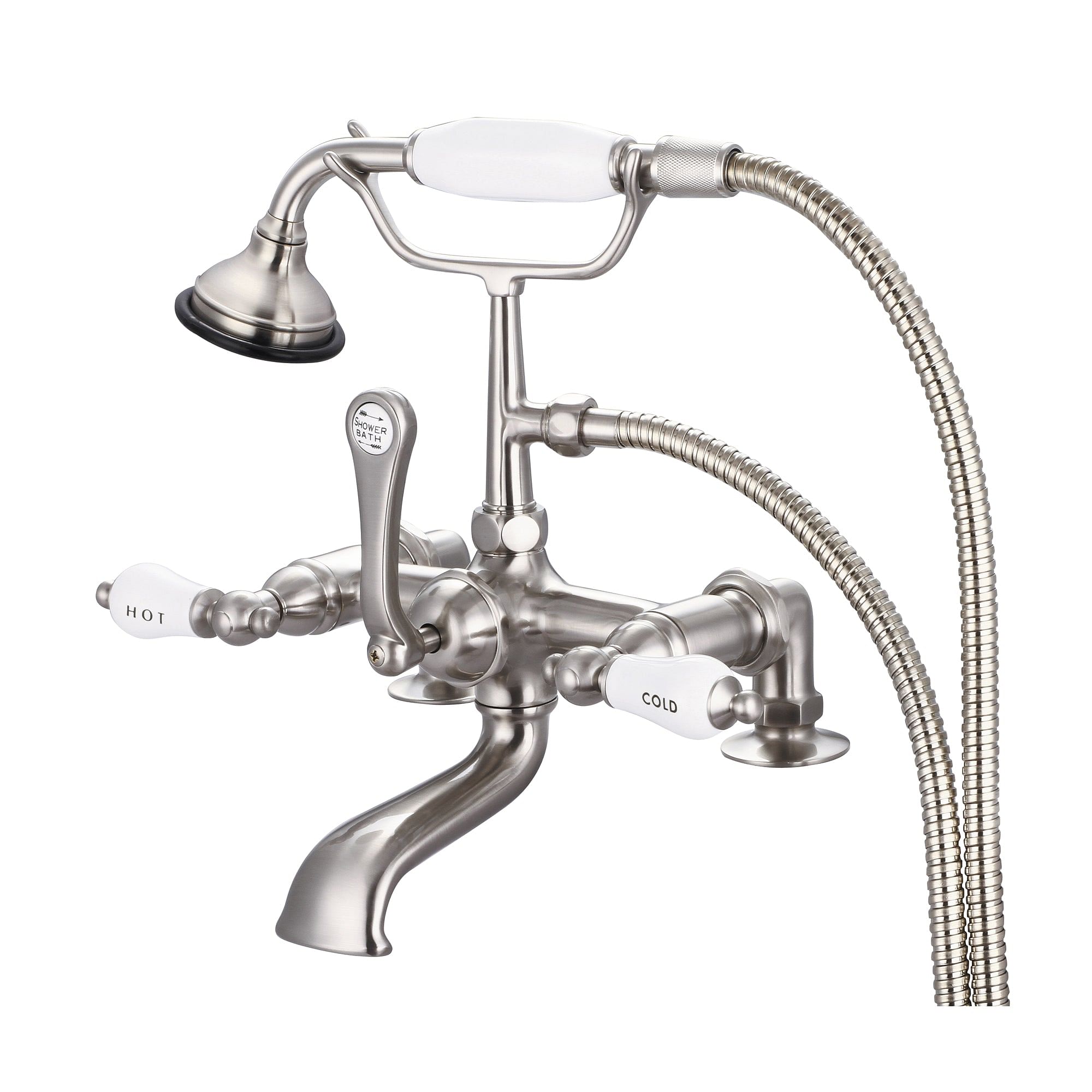Vintage Classic 7 Inch Spread Deck Mount Tub Faucet With 2 Inch Risers & Handheld Shower in Brushed Nickel Finish With Porcelain Lever Handles, Hot And Cold Labels Included