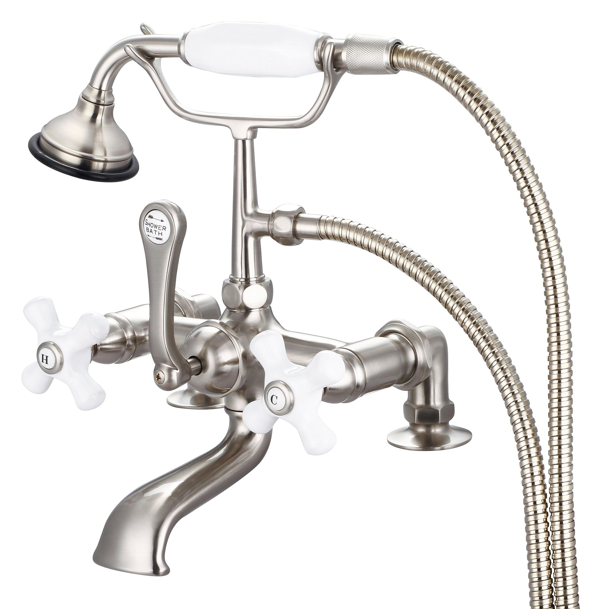 Vintage Classic 7 Inch Spread Deck Mount Tub Faucet With 2 Inch Risers & Handheld Shower in Brushed Nickel Finish With Porcelain Cross Handles, Hot And Cold Labels Included
