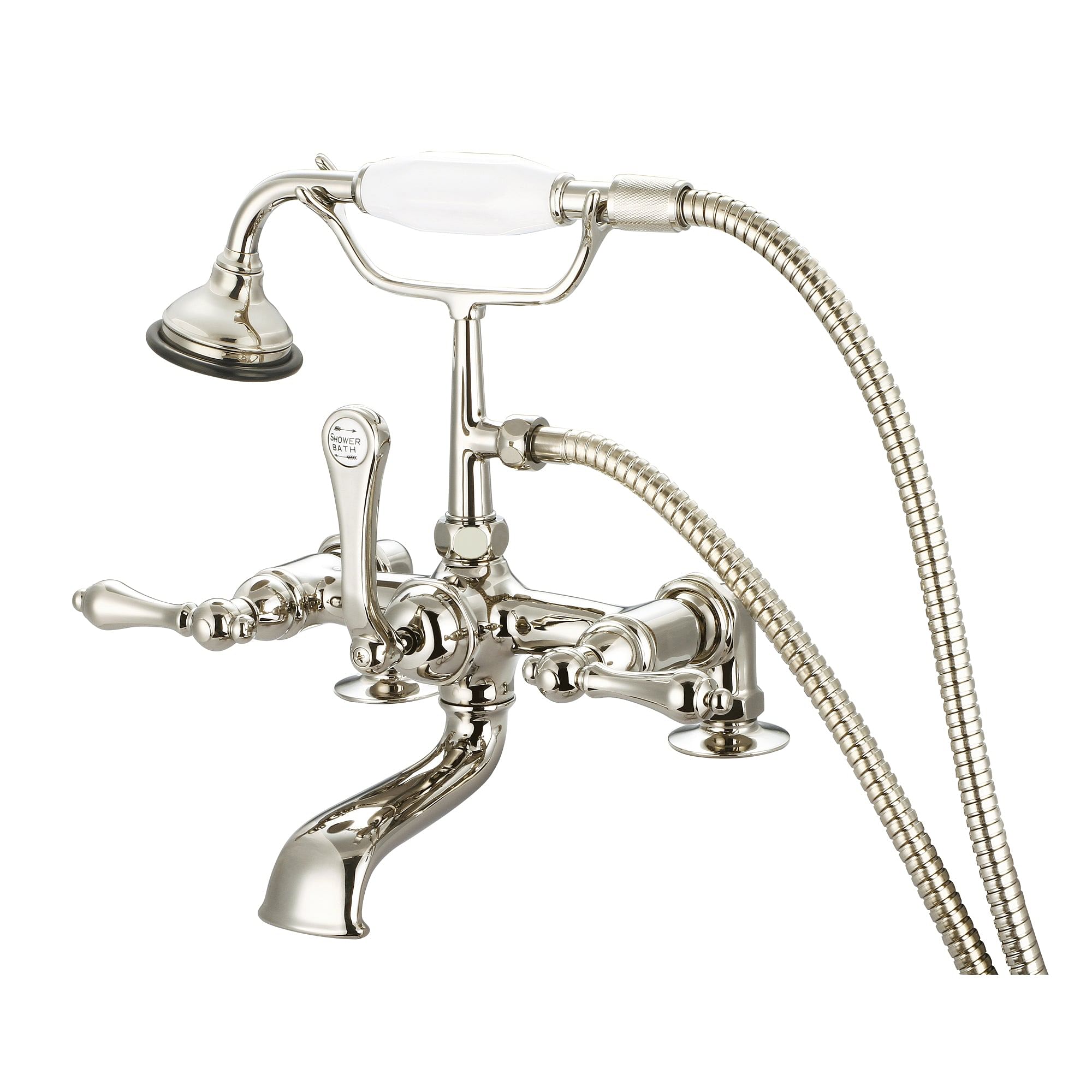 Vintage Classic 7 Inch Spread Deck Mount Tub Faucet With 2 Inch Risers & Handheld Shower in Polished Nickel (PVD) Finish With Metal Lever Handles Without Labels