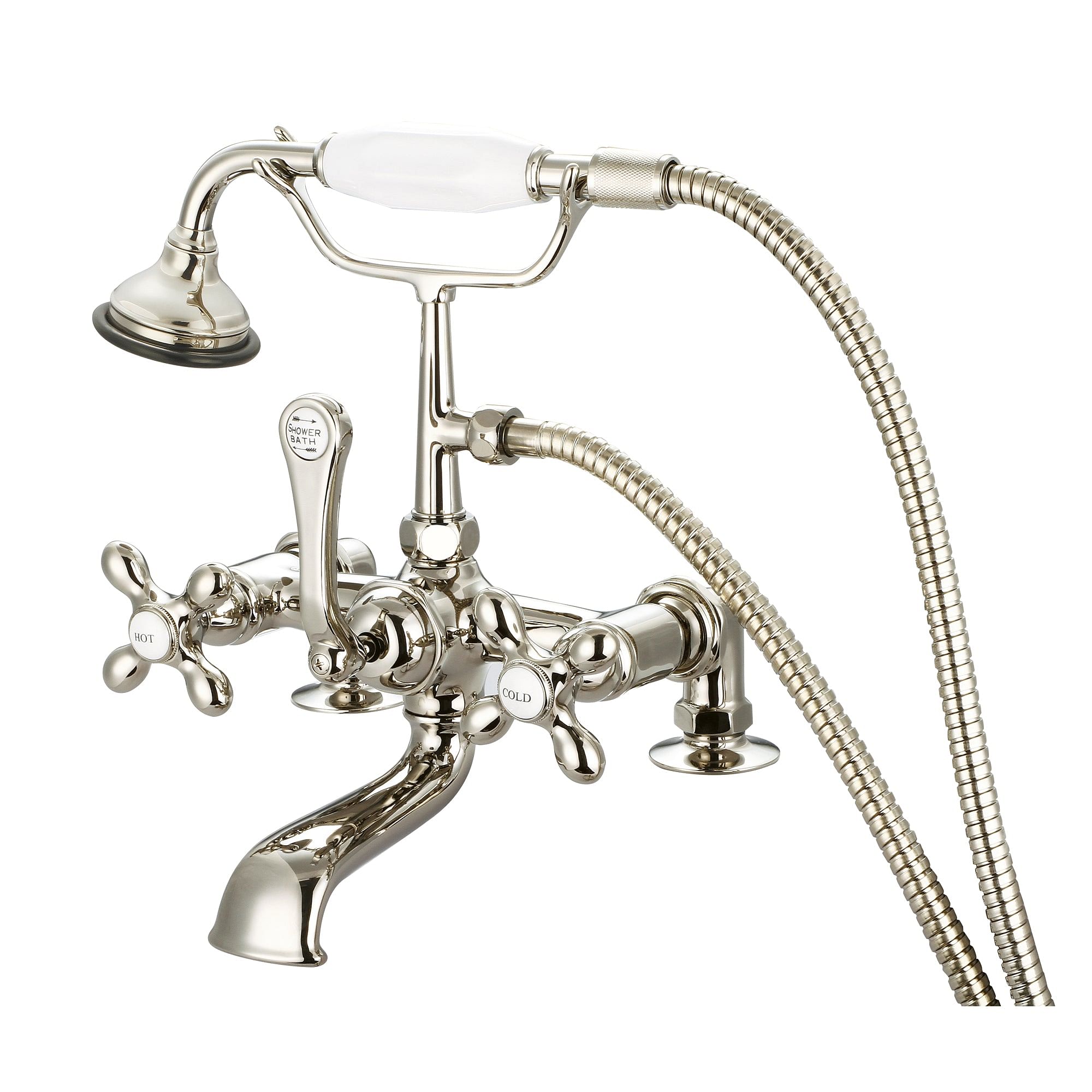 Vintage Classic 7 Inch Spread Deck Mount Tub Faucet With 2 Inch Risers & Handheld Shower in Polished Nickel (PVD) Finish With Metal Lever Handles, Hot And Cold Labels Included