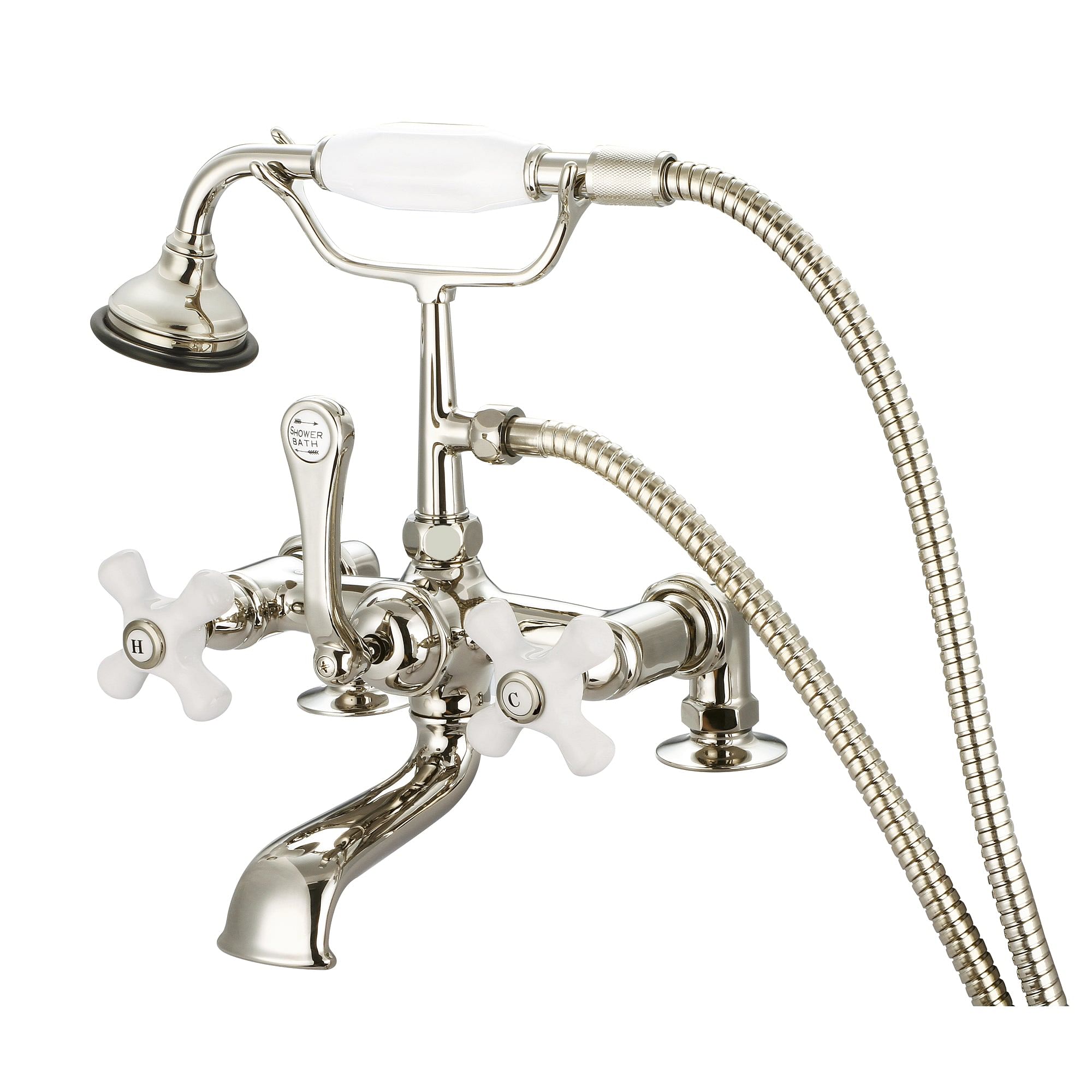 Vintage Classic 7 Inch Spread Deck Mount Tub Faucet With 2 Inch Risers & Handheld Shower in Polished Nickel (PVD) Finish With Porcelain Cross Handles, Hot And Cold Labels Included