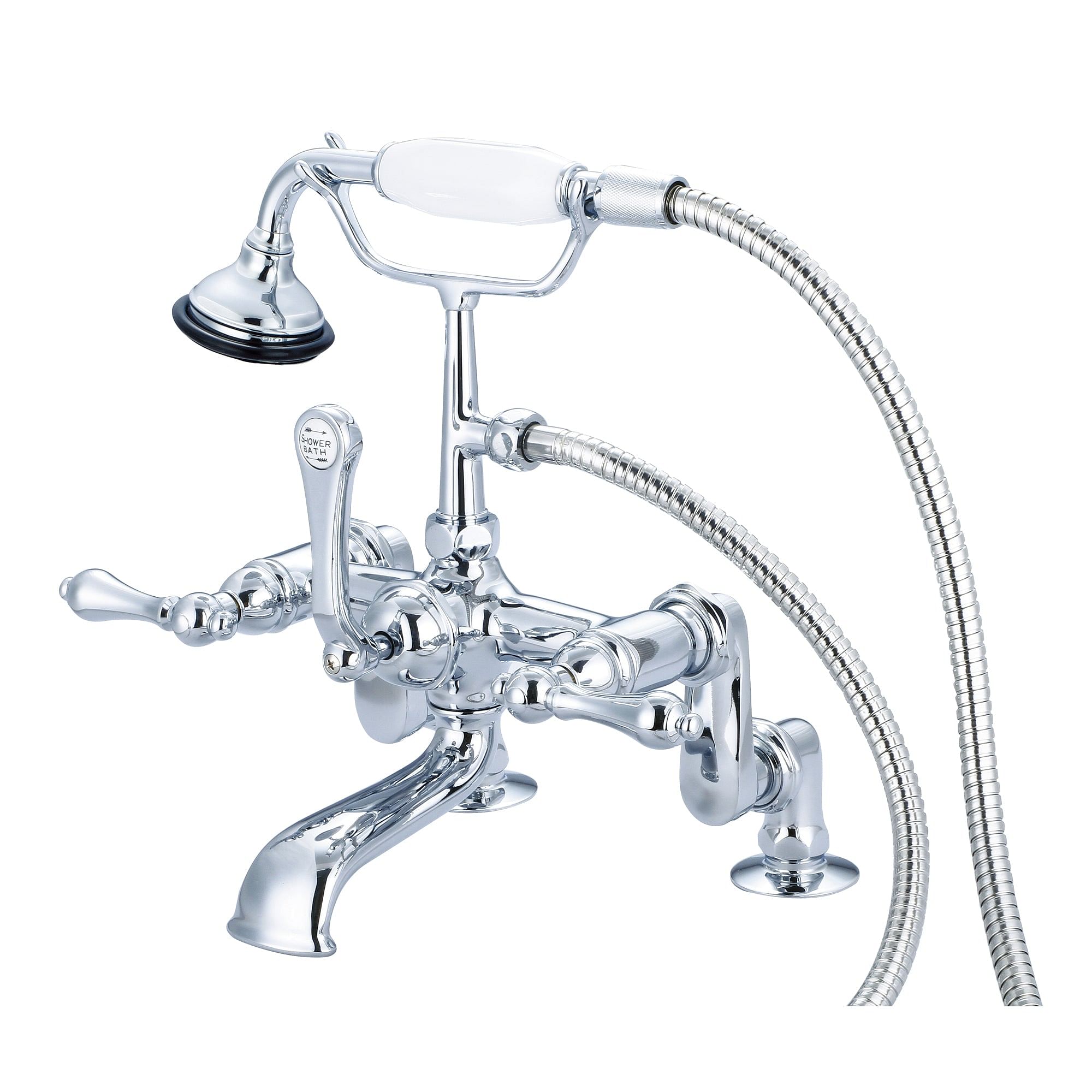 Vintage Classic Adjustable Center Deck Mount Tub Faucet With Handheld Shower in Chrome Finish With Metal Lever Handles Without Labels