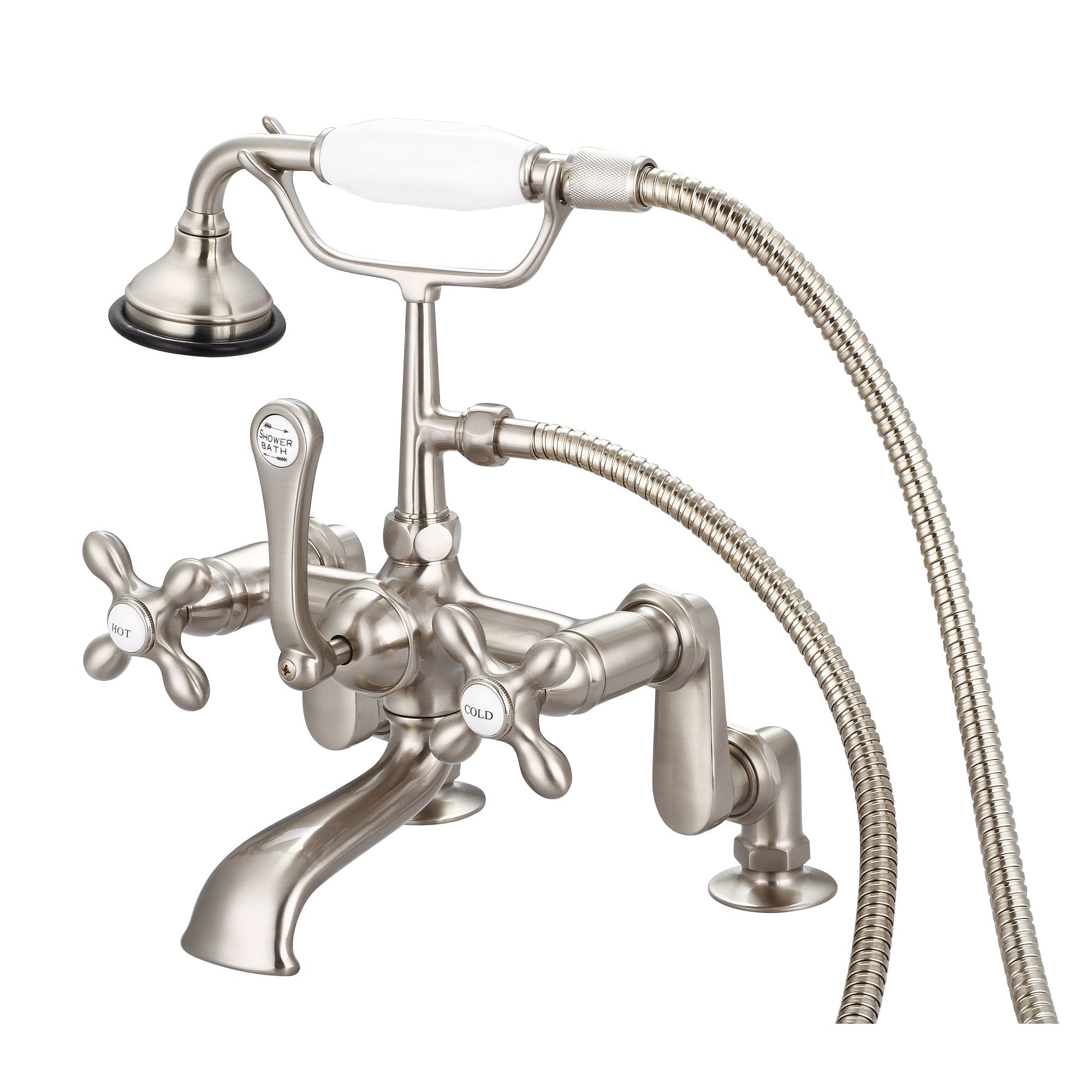 Vintage Classic Adjustable Center Deck Mount Tub Faucet With Handheld Shower in Brushed Nickel Finish With Metal Lever Handles, Hot And Cold Labels Included