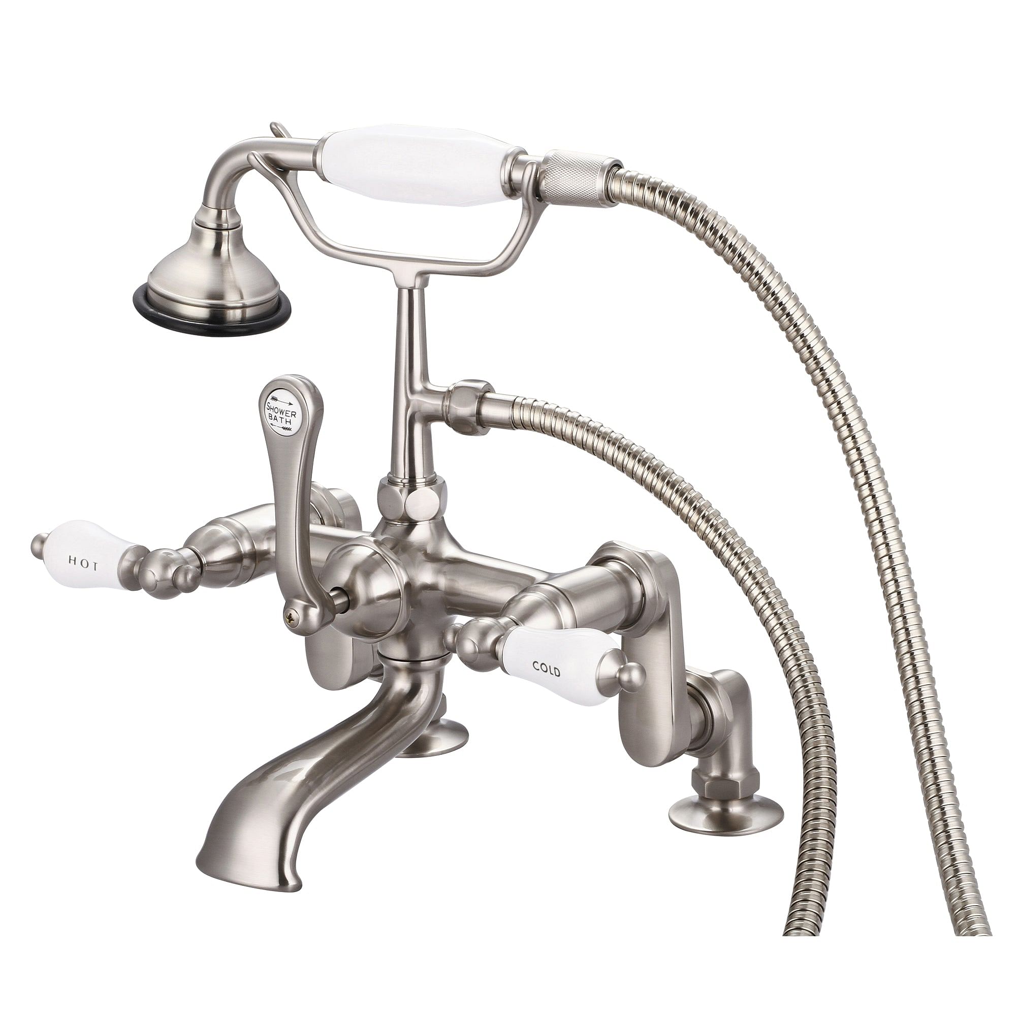 Vintage Classic Adjustable Center Deck Mount Tub Faucet With Handheld Shower in Brushed Nickel Finish With Porcelain Lever Handles, Hot And Cold Labels Included