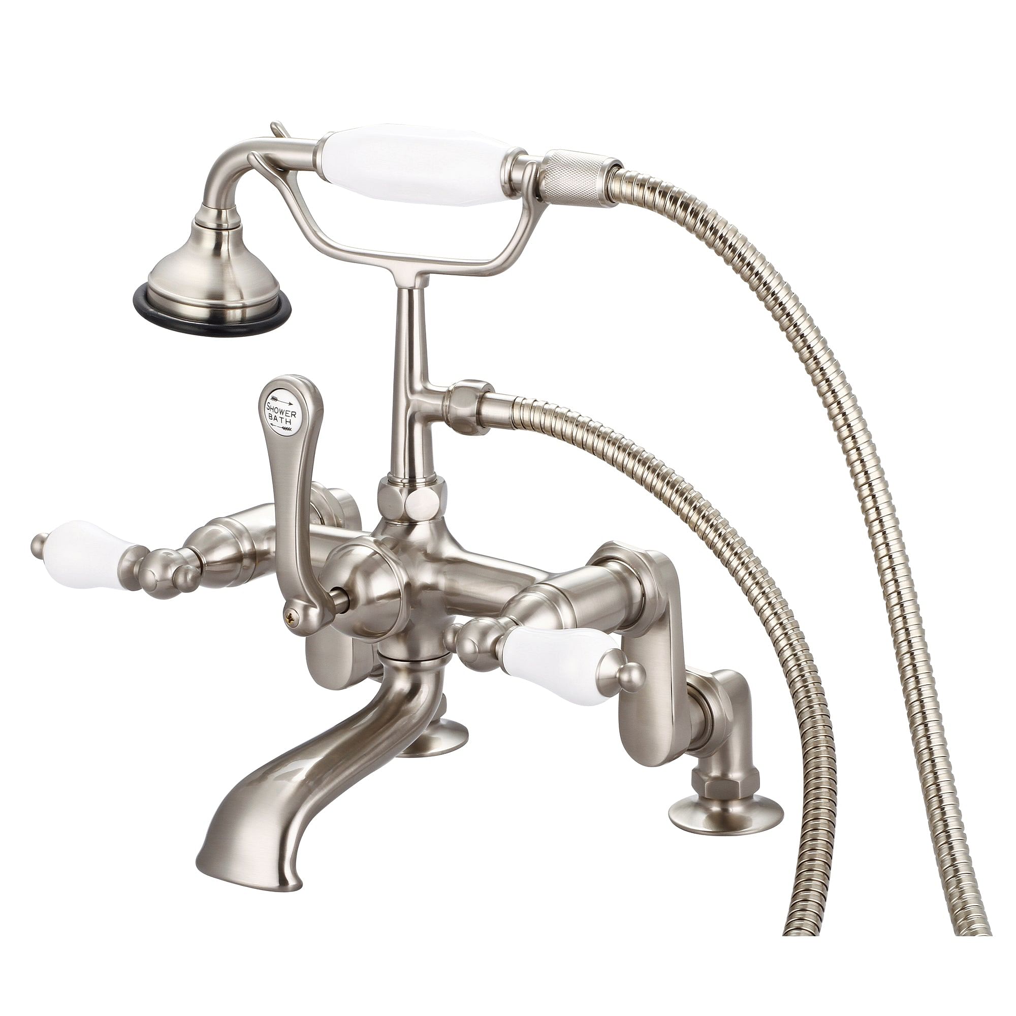 Vintage Classic Adjustable Center Deck Mount Tub Faucet With Handheld Shower in Brushed Nickel Finish With Porcelain Lever Handles Without labels