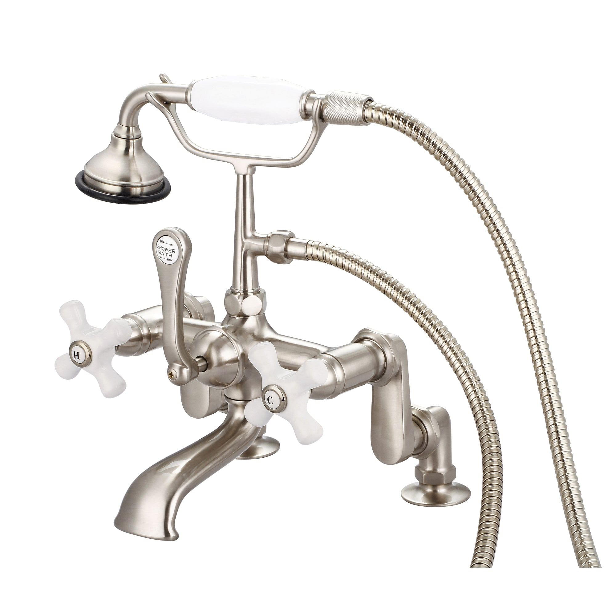 Vintage Classic Adjustable Center Deck Mount Tub Faucet With Handheld Shower in Brushed Nickel Finish With Porcelain Cross Handles, Hot And Cold Labels Included