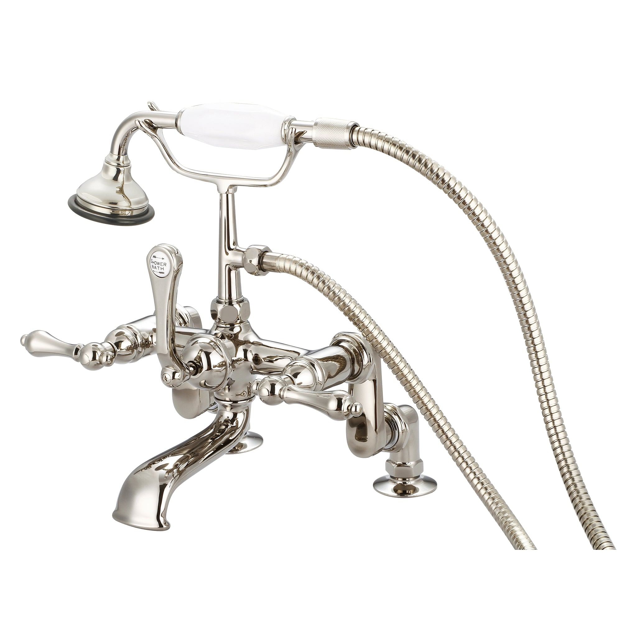 Vintage Classic Adjustable Center Deck Mount Tub Faucet With Handheld Shower in Polished Nickel (PVD) Finish With Metal Lever Handles Without Labels