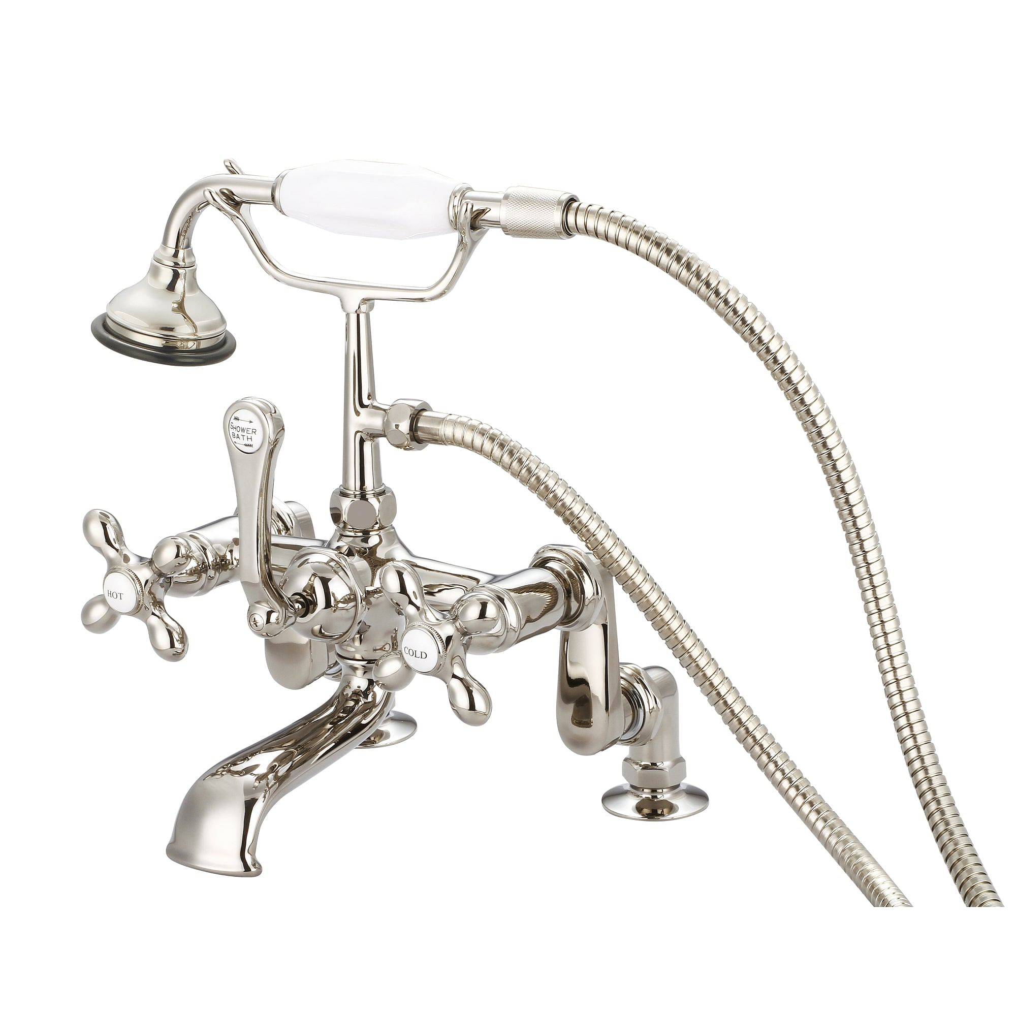 Vintage Classic Adjustable Center Deck Mount Tub Faucet With Handheld Shower in Polished Nickel (PVD) Finish With Metal Lever Handles, Hot And Cold Labels Included