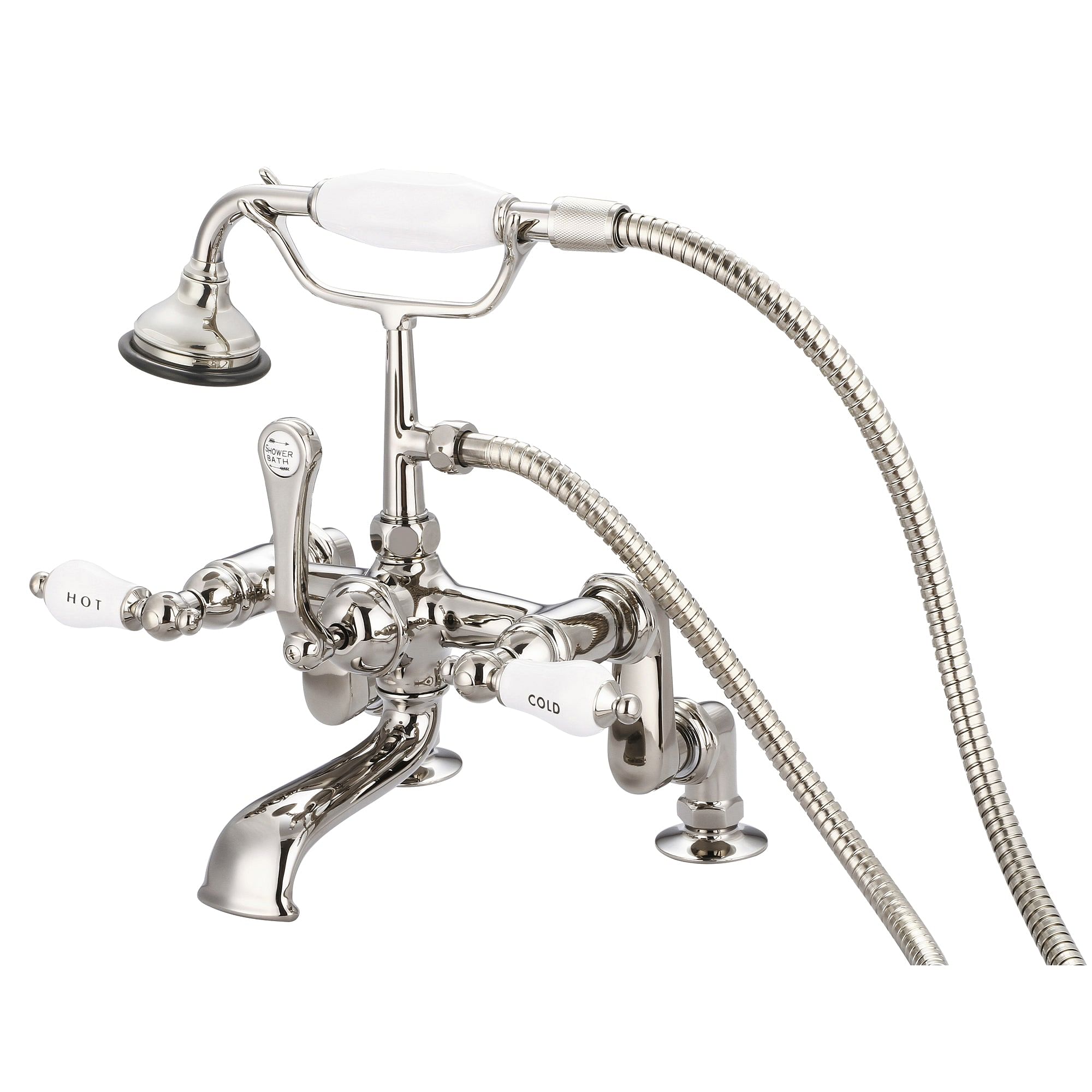 Vintage Classic Adjustable Center Deck Mount Tub Faucet With Handheld Shower in Polished Nickel (PVD) Finish With Porcelain Lever Handles, Hot And Cold Labels Included