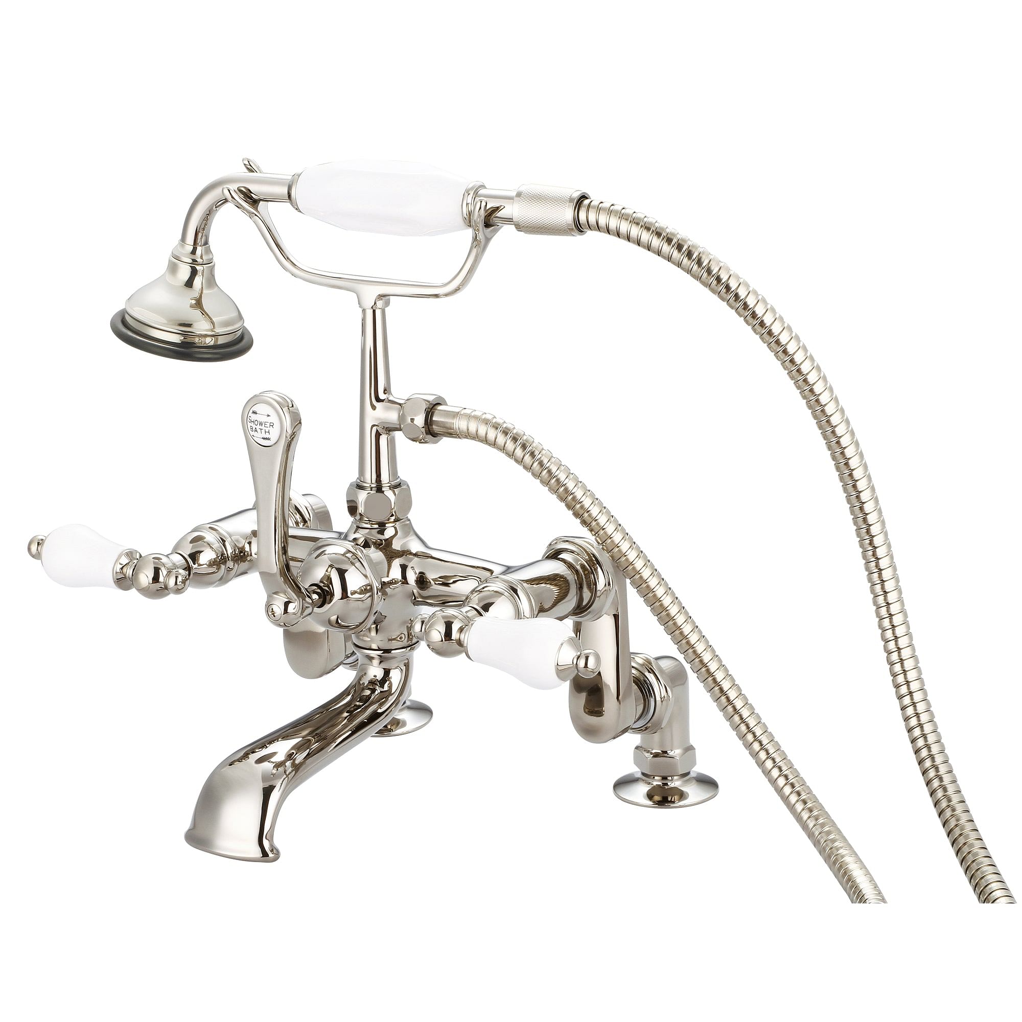 Vintage Classic Adjustable Center Deck Mount Tub Faucet With Handheld Shower in Polished Nickel (PVD) Finish With Porcelain Lever Handles Without labels