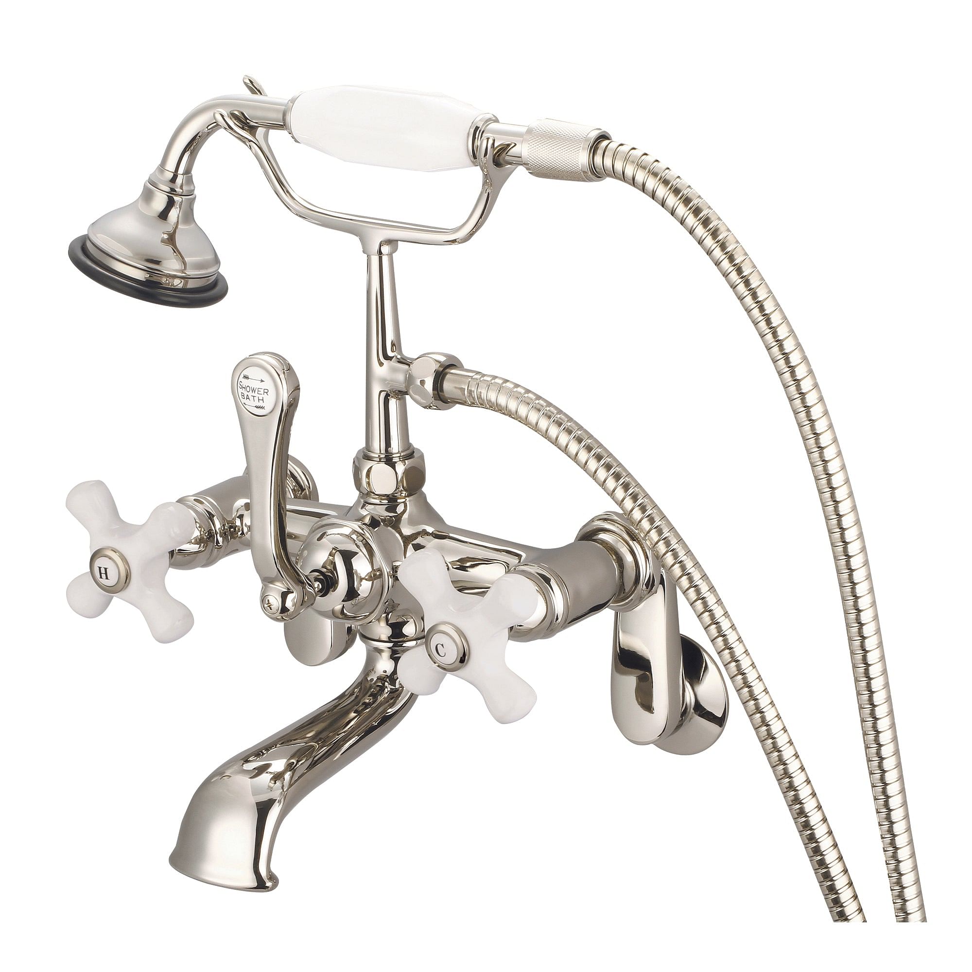 Vintage Classic Adjustable Center Wall Mount Tub Faucet With Swivel Wall Connector & Handheld Shower in Polished Nickel (PVD) Finish With Porcelain Cross Handles, Hot And Cold Labels Included