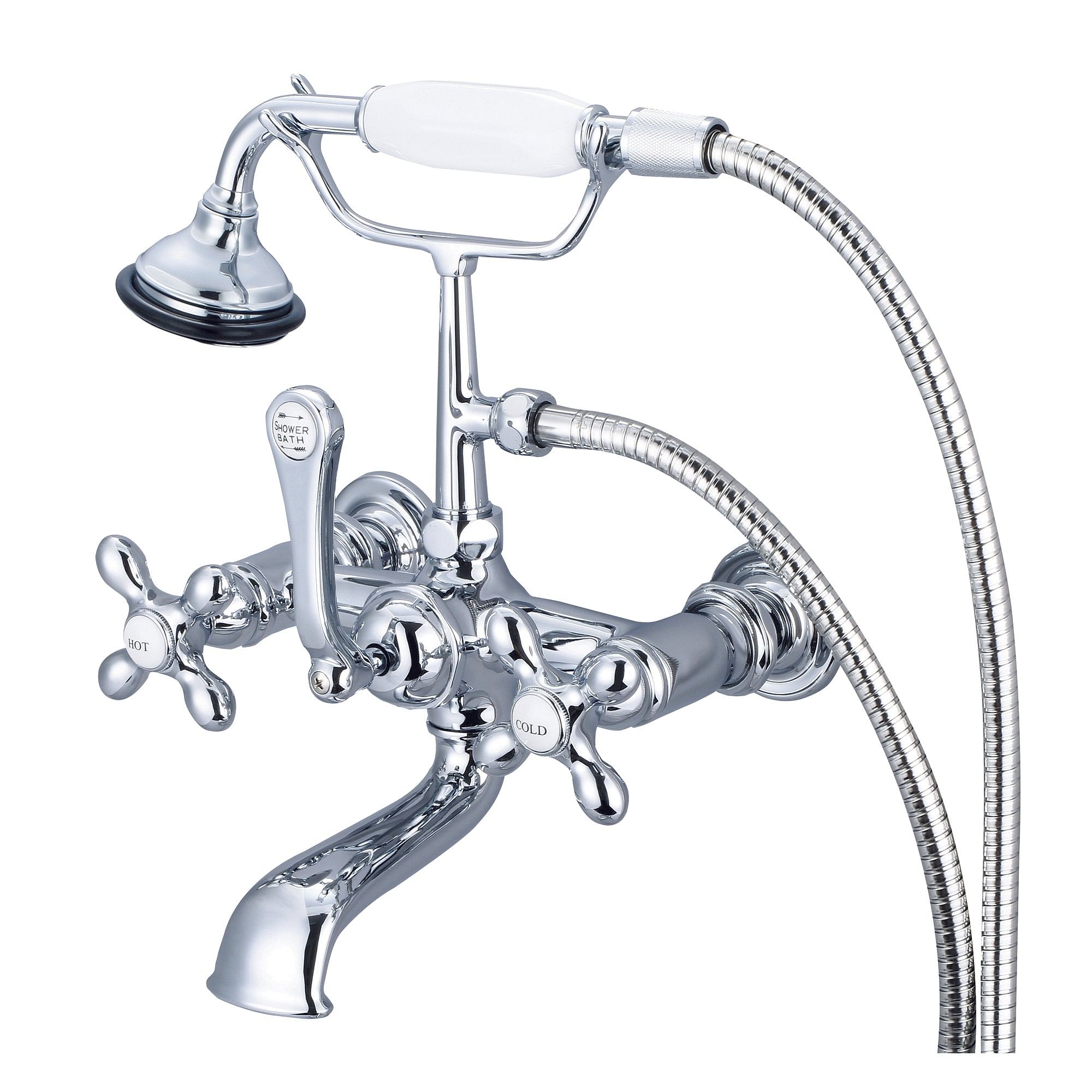Vintage Classic 7 Inch Spread Wall Mount Tub Faucet With Straight Wall Connector & Handheld Shower in Chrome Finish With Metal Lever Handles, Hot And Cold Labels Included