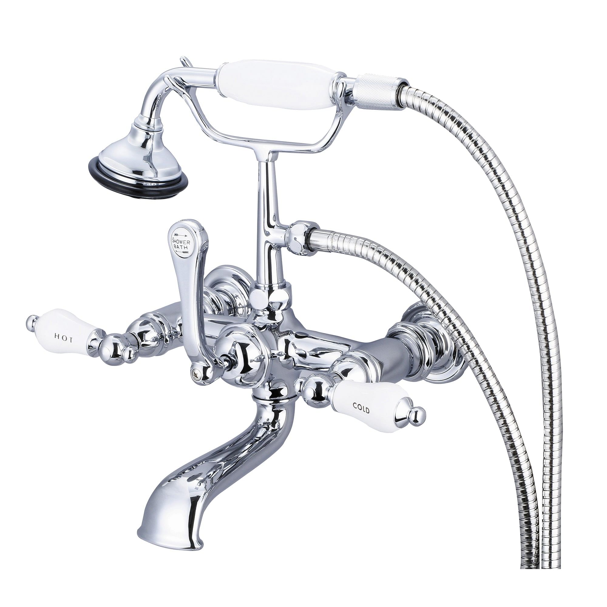Vintage Classic 7 Inch Spread Wall Mount Tub Faucet With Straight Wall Connector & Handheld Shower in Chrome Finish With Porcelain Lever Handles, Hot And Cold Labels Included