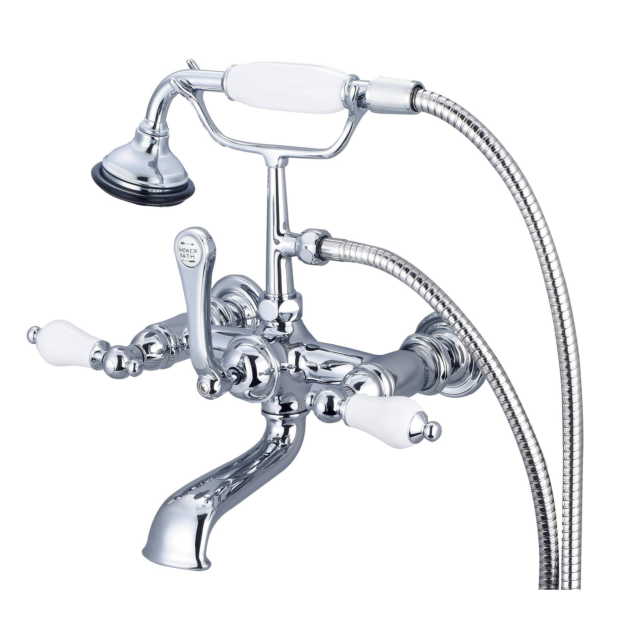 Vintage Classic 7 Inch Spread Wall Mount Tub Faucet With Straight Wall Connector & Handheld Shower in Chrome Finish With Porcelain Lever Handles Without labels