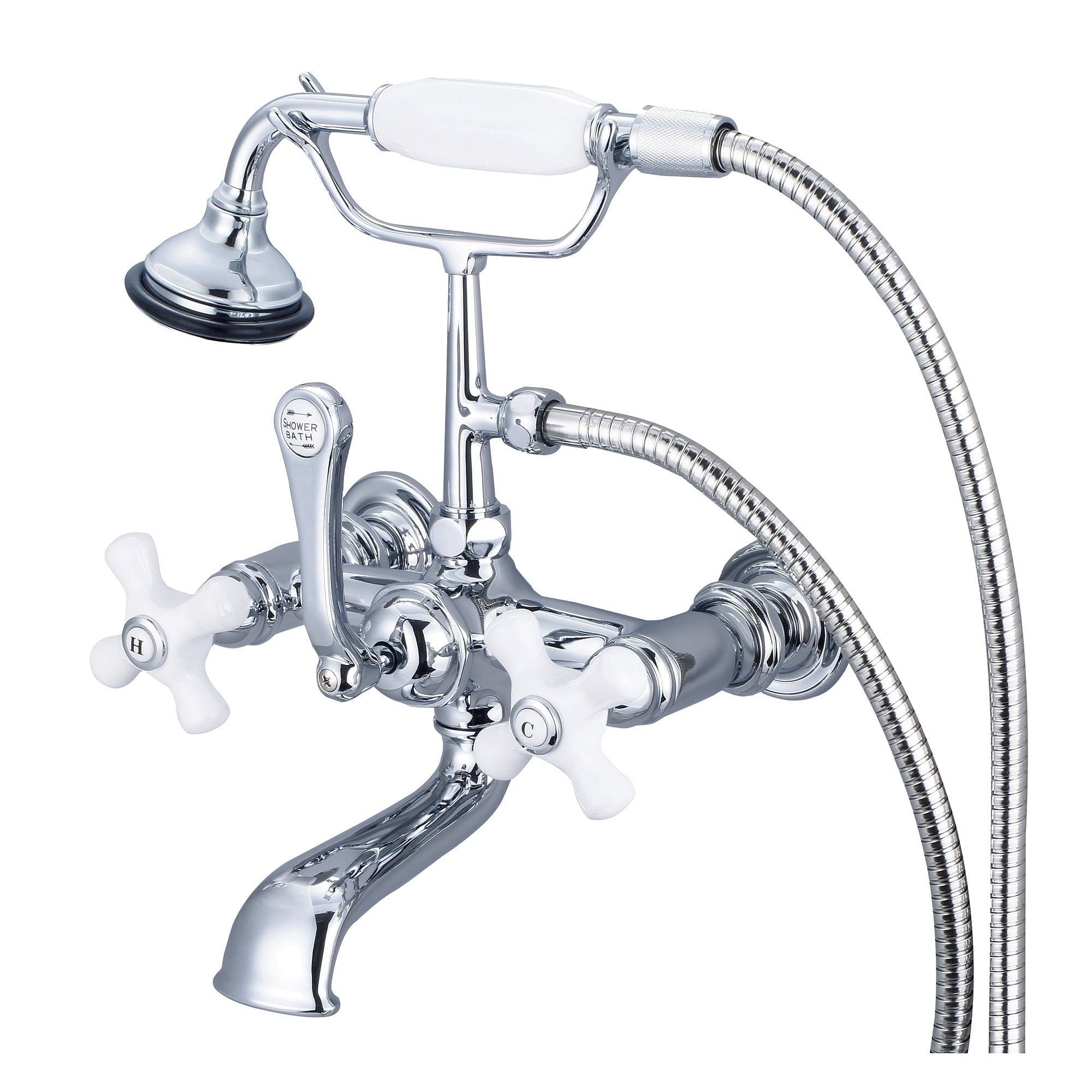 Vintage Classic 7 Inch Spread Wall Mount Tub Faucet With Straight Wall Connector & Handheld Shower in Chrome Finish With Porcelain Cross Handles, Hot And Cold Labels Included