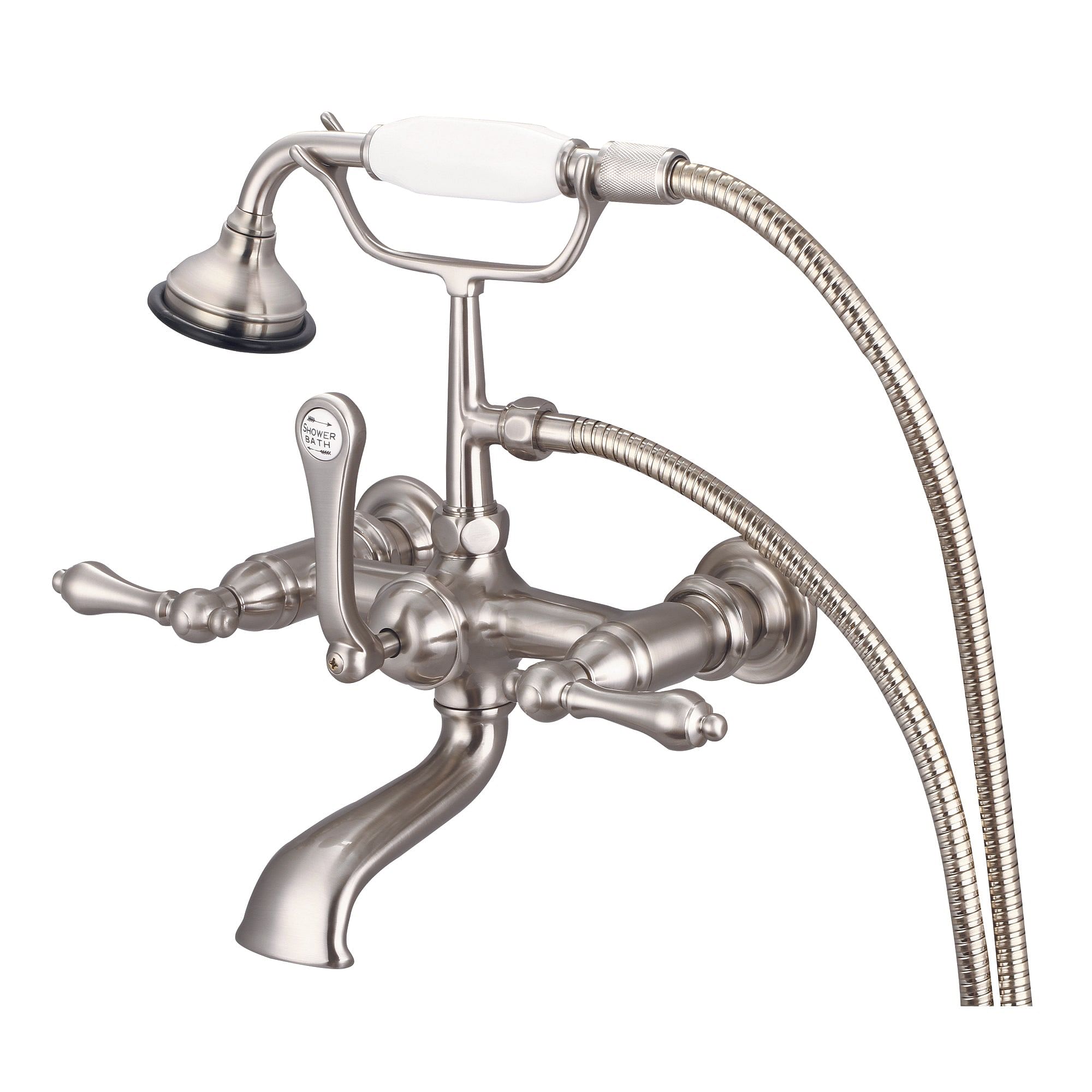 Vintage Classic 7 Inch Spread Wall Mount Tub Faucet With Straight Wall Connector & Handheld Shower in Brushed Nickel Finish With Metal Lever Handles Without Labels