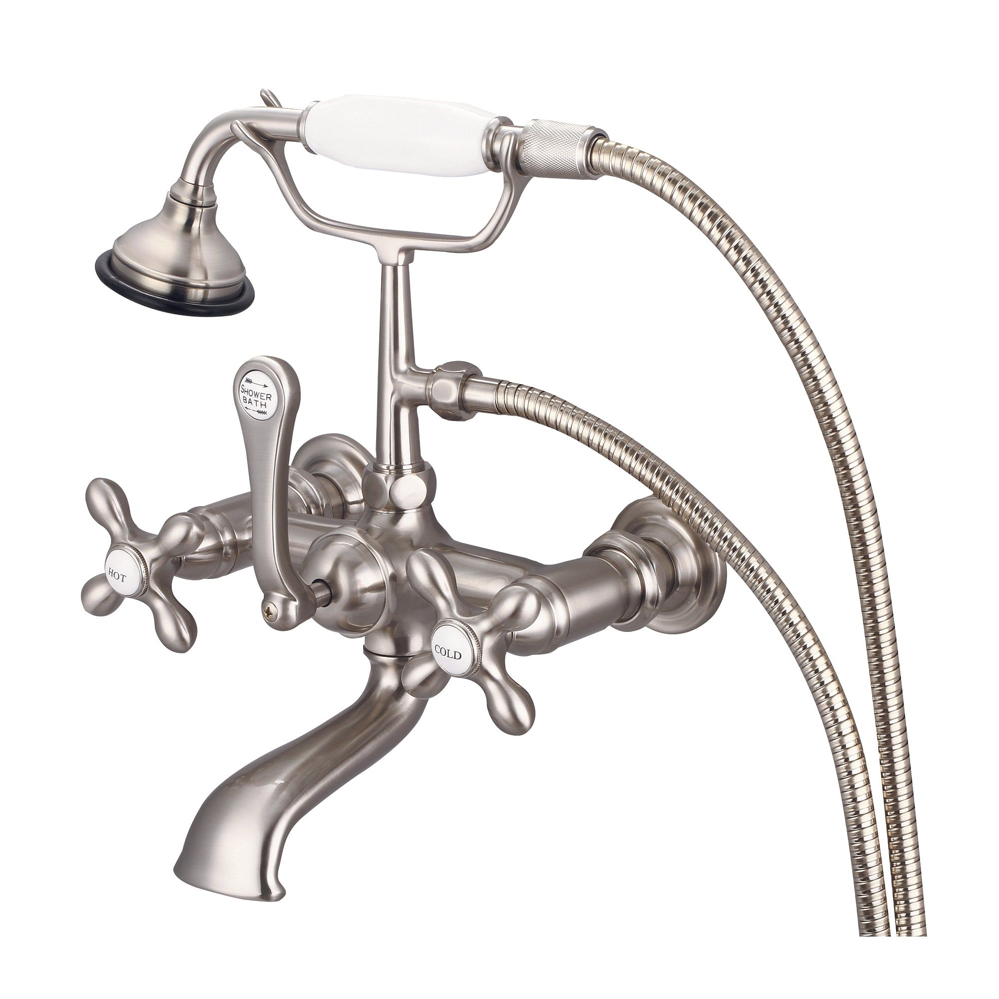 Vintage Classic 7 Inch Spread Wall Mount Tub Faucet With Straight Wall Connector & Handheld Shower in Brushed Nickel Finish With Metal Lever Handles, Hot And Cold Labels Included