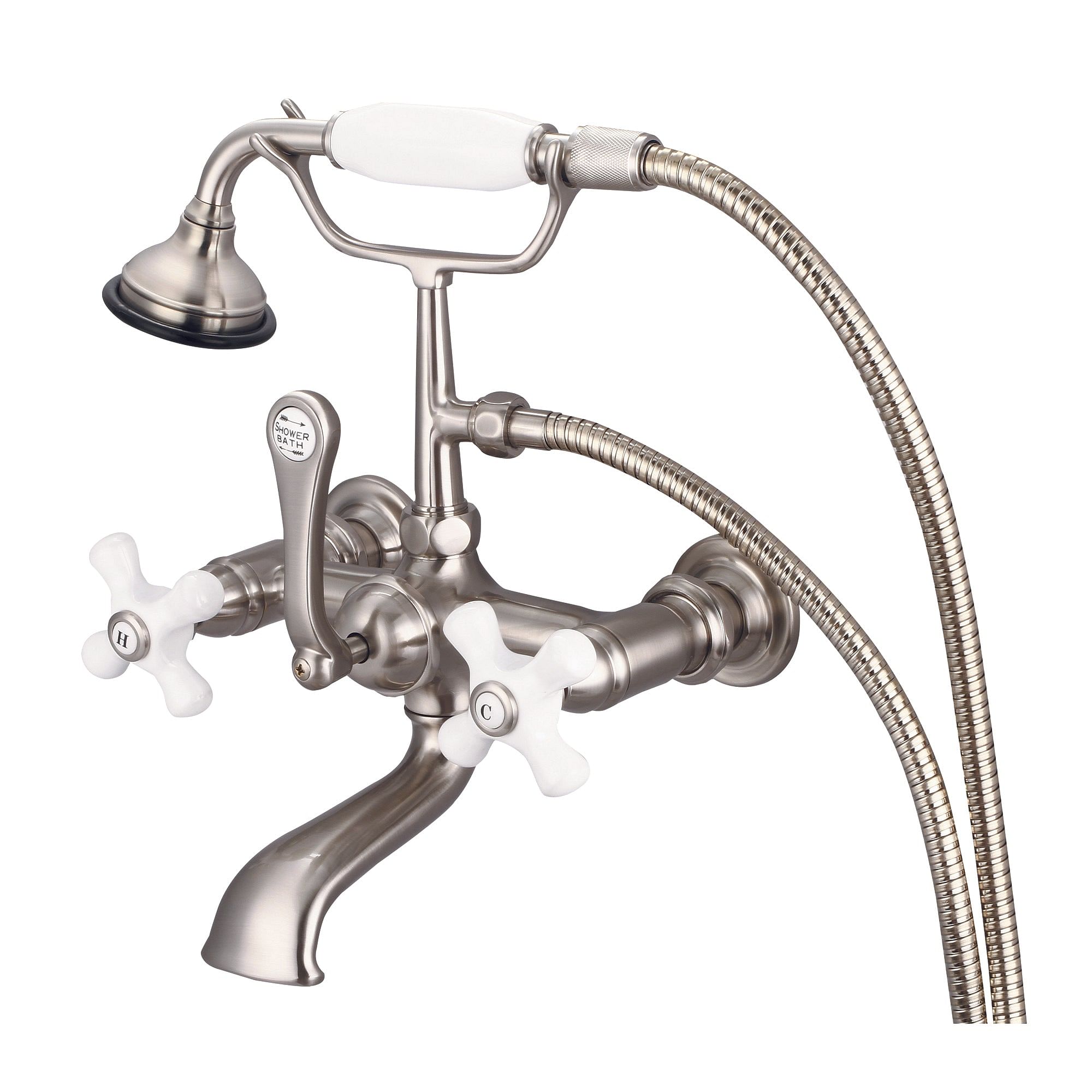 Vintage Classic 7 Inch Spread Wall Mount Tub Faucet With Straight Wall Connector & Handheld Shower in Brushed Nickel Finish With Porcelain Cross Handles, Hot And Cold Labels Included