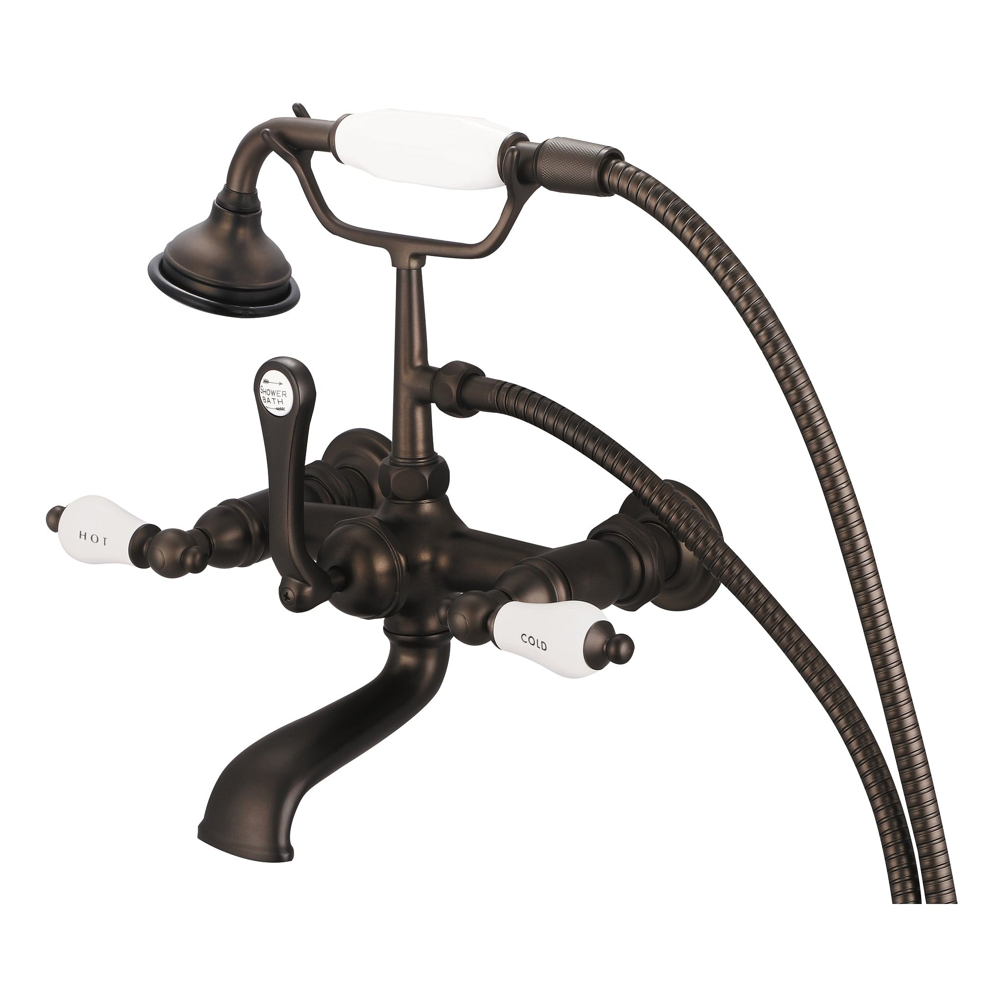 Vintage Classic 7 Inch Spread Wall Mount Tub Faucet With Straight Wall Connector & Handheld Shower in Oil-rubbed Bronze Finish Finish With Porcelain Lever Handles, Hot And Cold Labels Included