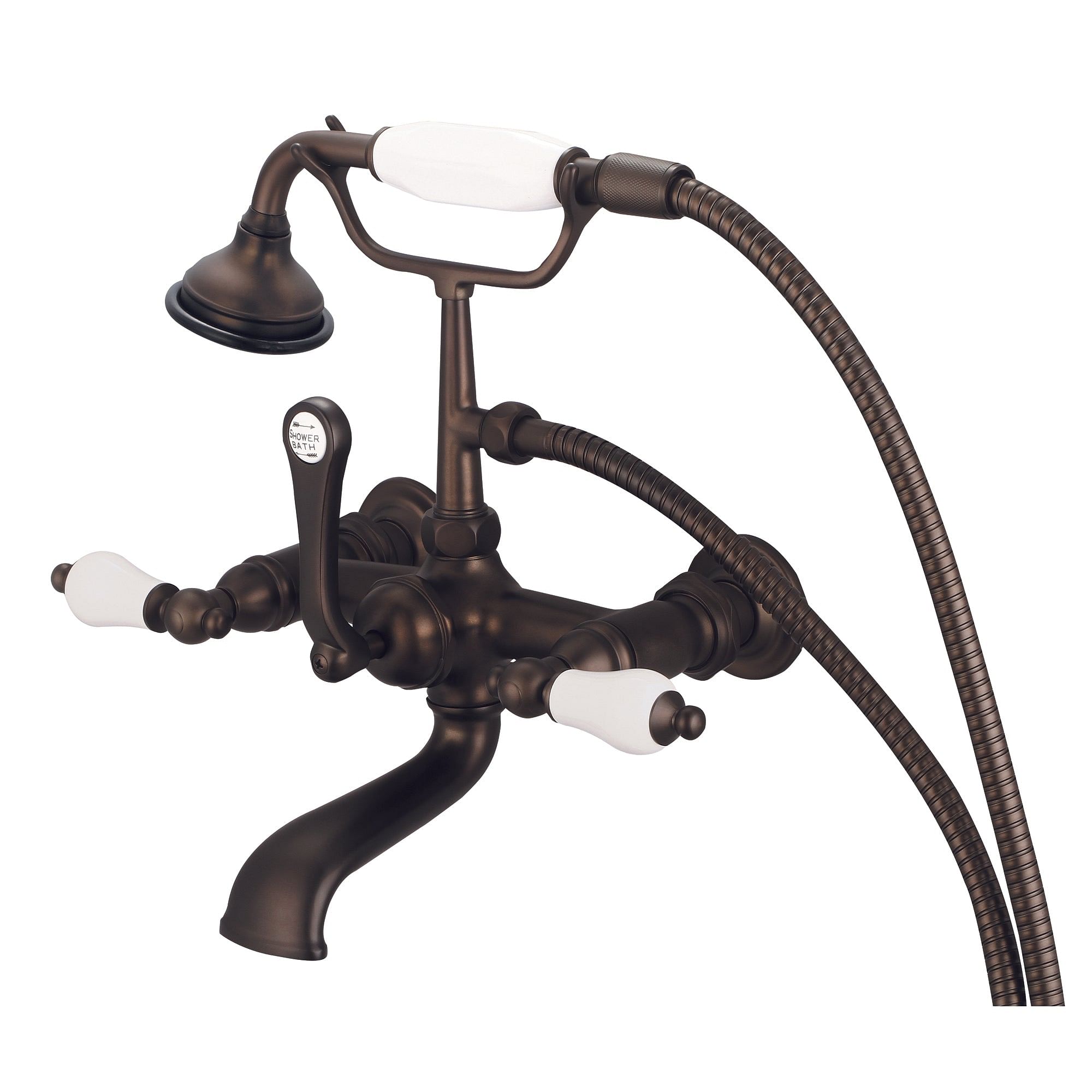 Vintage Classic 7 Inch Spread Wall Mount Tub Faucet With Straight Wall Connector & Handheld Shower in Oil-rubbed Bronze Finish Finish With Porcelain Lever Handles Without labels