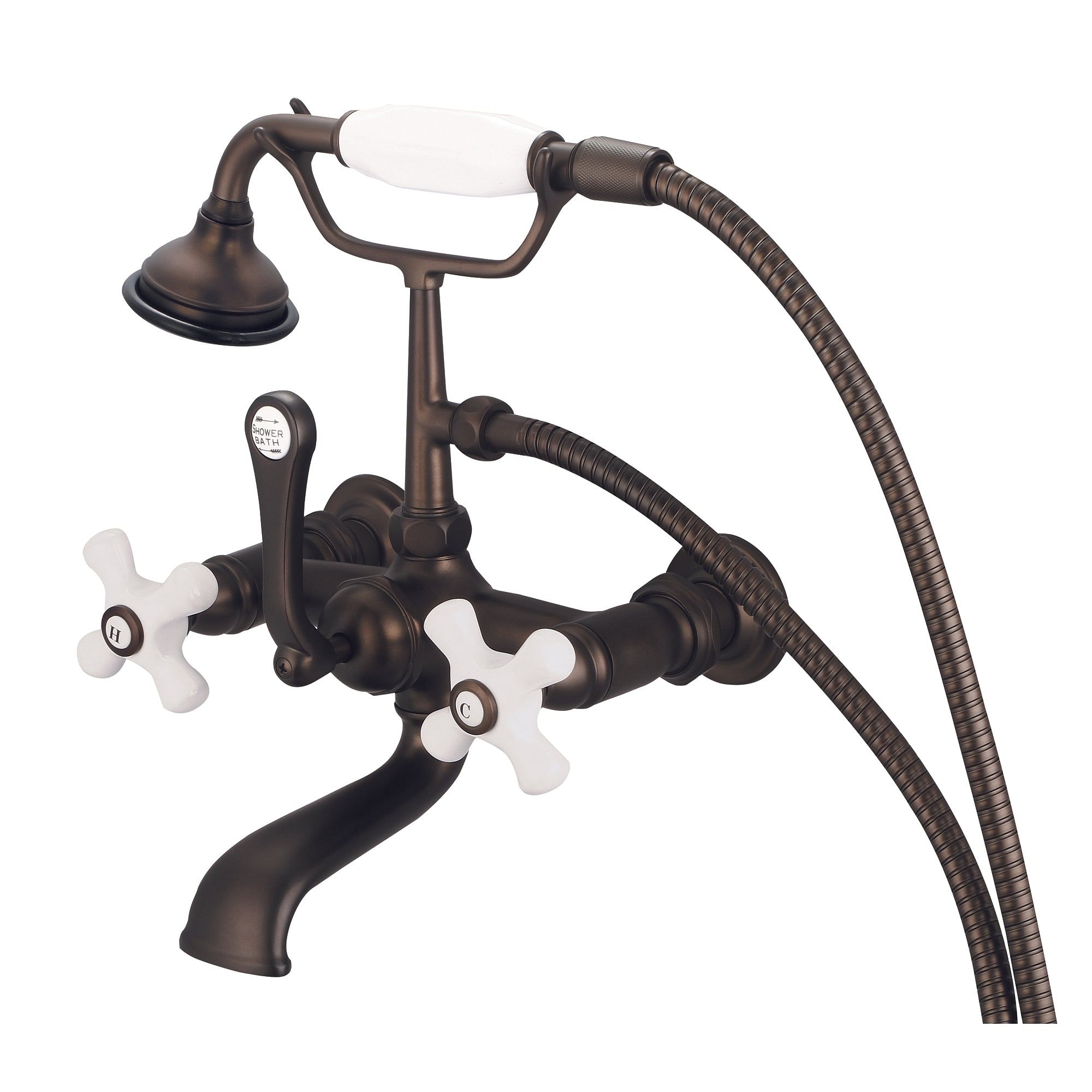 Vintage Classic 7 Inch Spread Wall Mount Tub Faucet With Straight Wall Connector & Handheld Shower in Oil-rubbed Bronze Finish Finish With Porcelain Cross Handles, Hot And Cold Labels Included