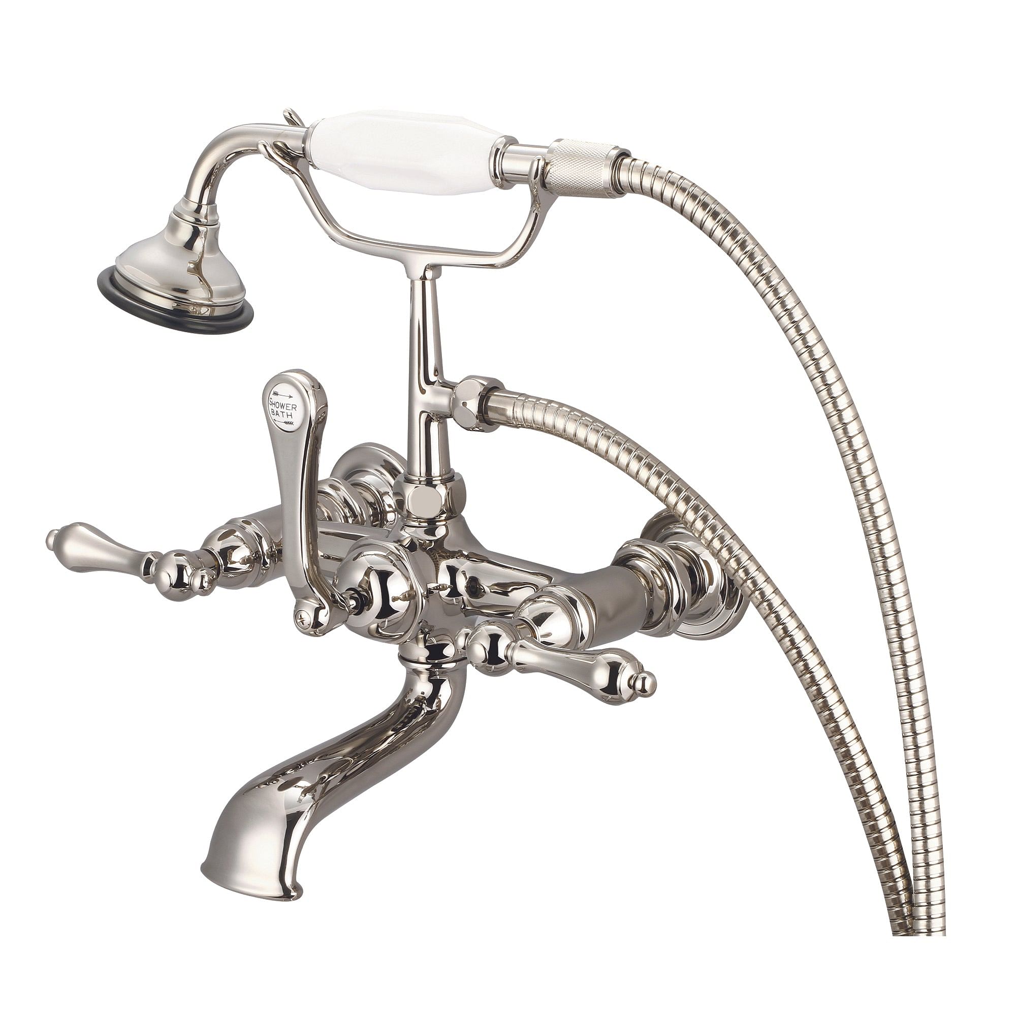 Vintage Classic 7 Inch Spread Wall Mount Tub Faucet With Straight Wall Connector & Handheld Shower in Polished Nickel (PVD) Finish With Metal Lever Handles Without Labels