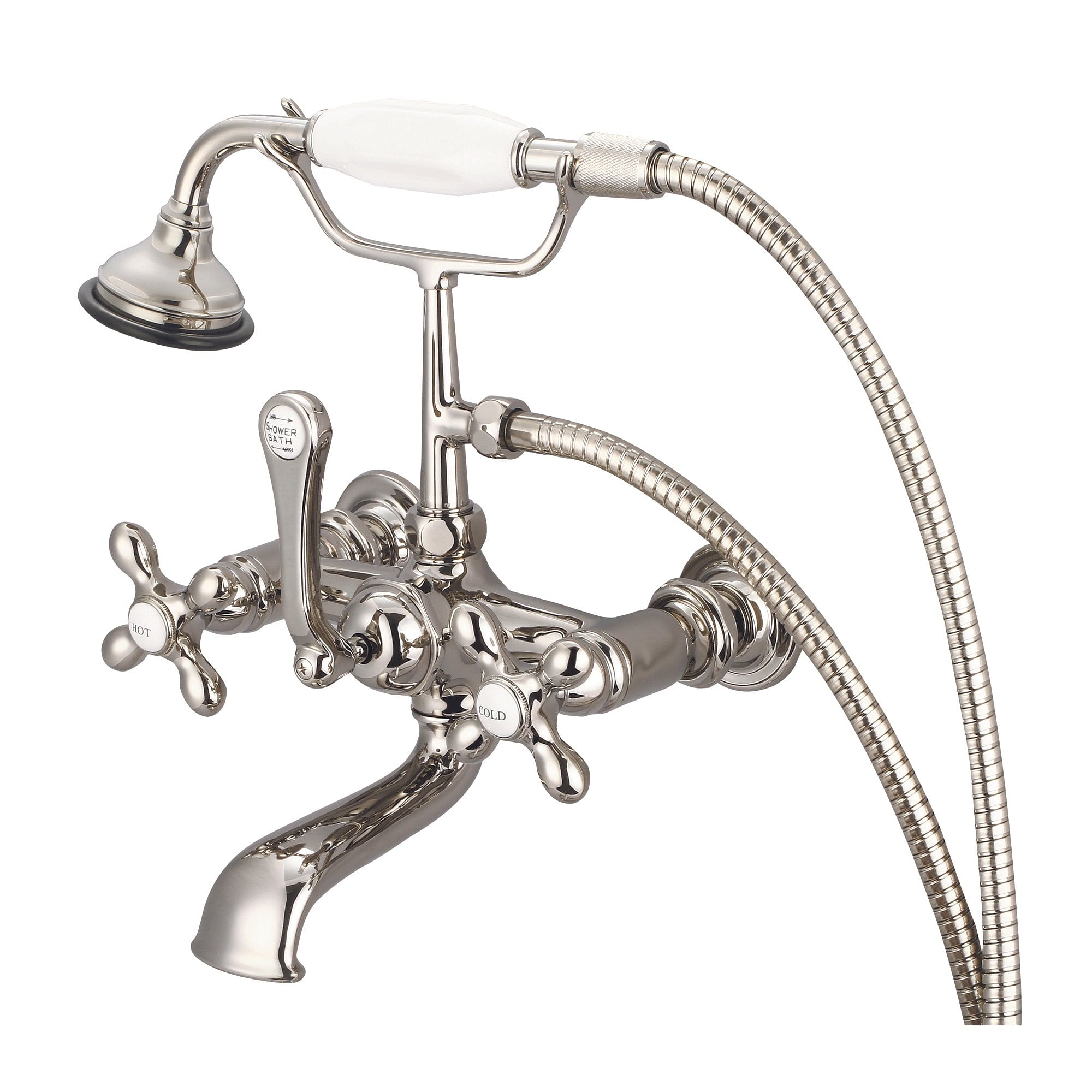 Vintage Classic 7 Inch Spread Wall Mount Tub Faucet With Straight Wall Connector & Handheld Shower in Polished Nickel (PVD) Finish With Metal Lever Handles, Hot And Cold Labels Included