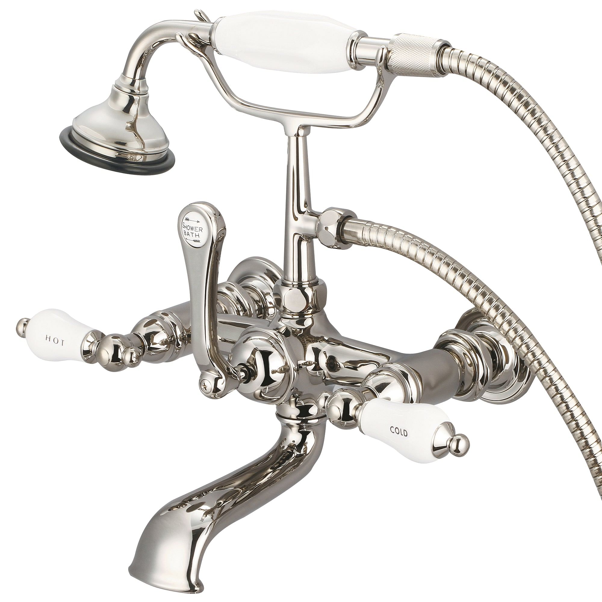 Vintage Classic 7 Inch Spread Wall Mount Tub Faucet With Straight Wall Connector & Handheld Shower in Polished Nickel (PVD) Finish With Porcelain Lever Handles, Hot And Cold Labels Included